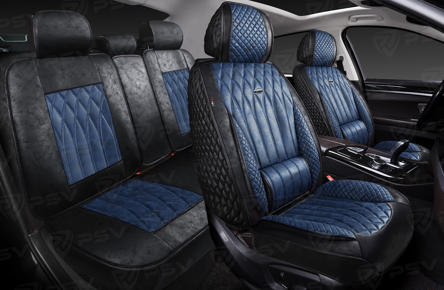Накидки 5D PSV Titan Skin (Черно-Синий/Отстрочка Синяя), комплект на весь салон, мокрая кожа