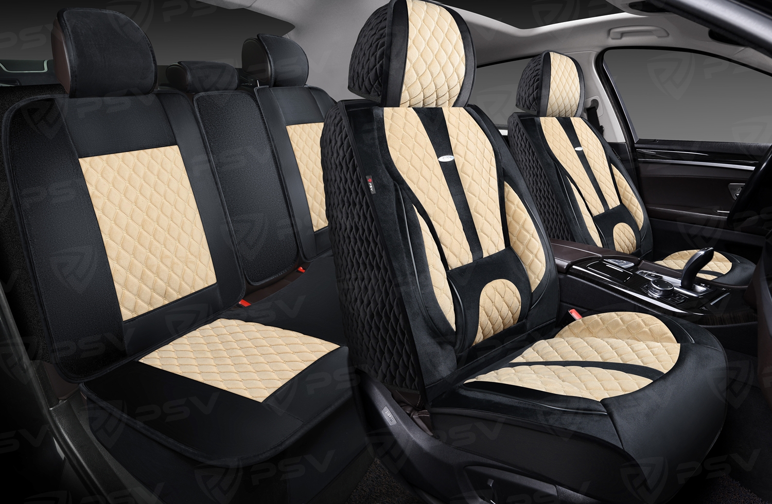 Накидки 5D PSV Korona Velur (Черно-Бежевый/Отстрочка Бежевая), комплект на весь салон, велюр