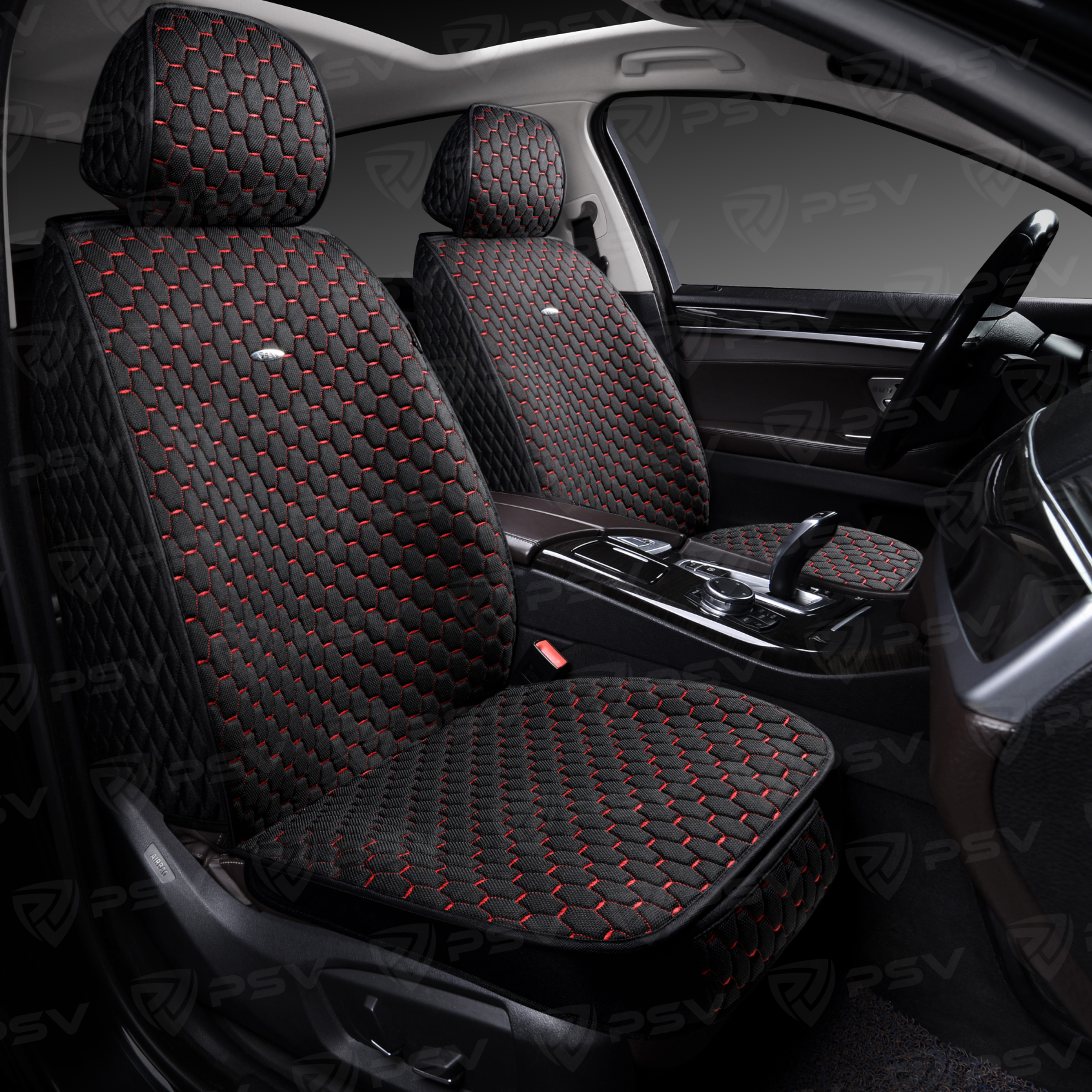 Накидки 5D PSV Drap 2 FRONT (Черный/Отстрочка Красная), на передние сиденья, драп