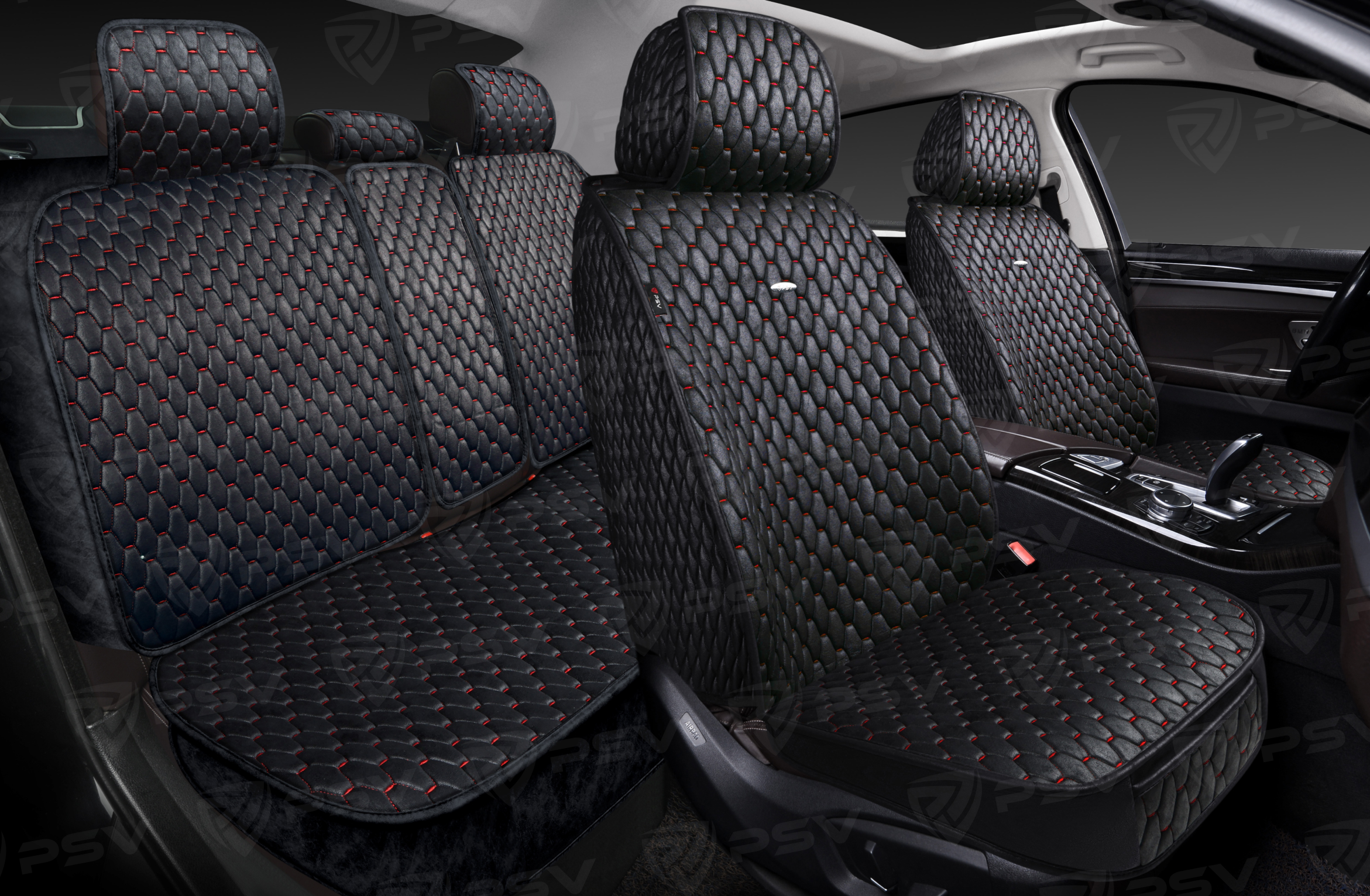 Накидки 5D PSV Skin (Черный/Отстрочка Красная), комплект на весь салон, мокрая кожа