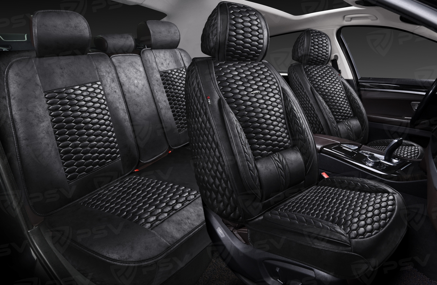 Накидки 5D PSV Armada Skin (Черный/Отстрочка Черная), комплект на весь салон, мокрая кожа