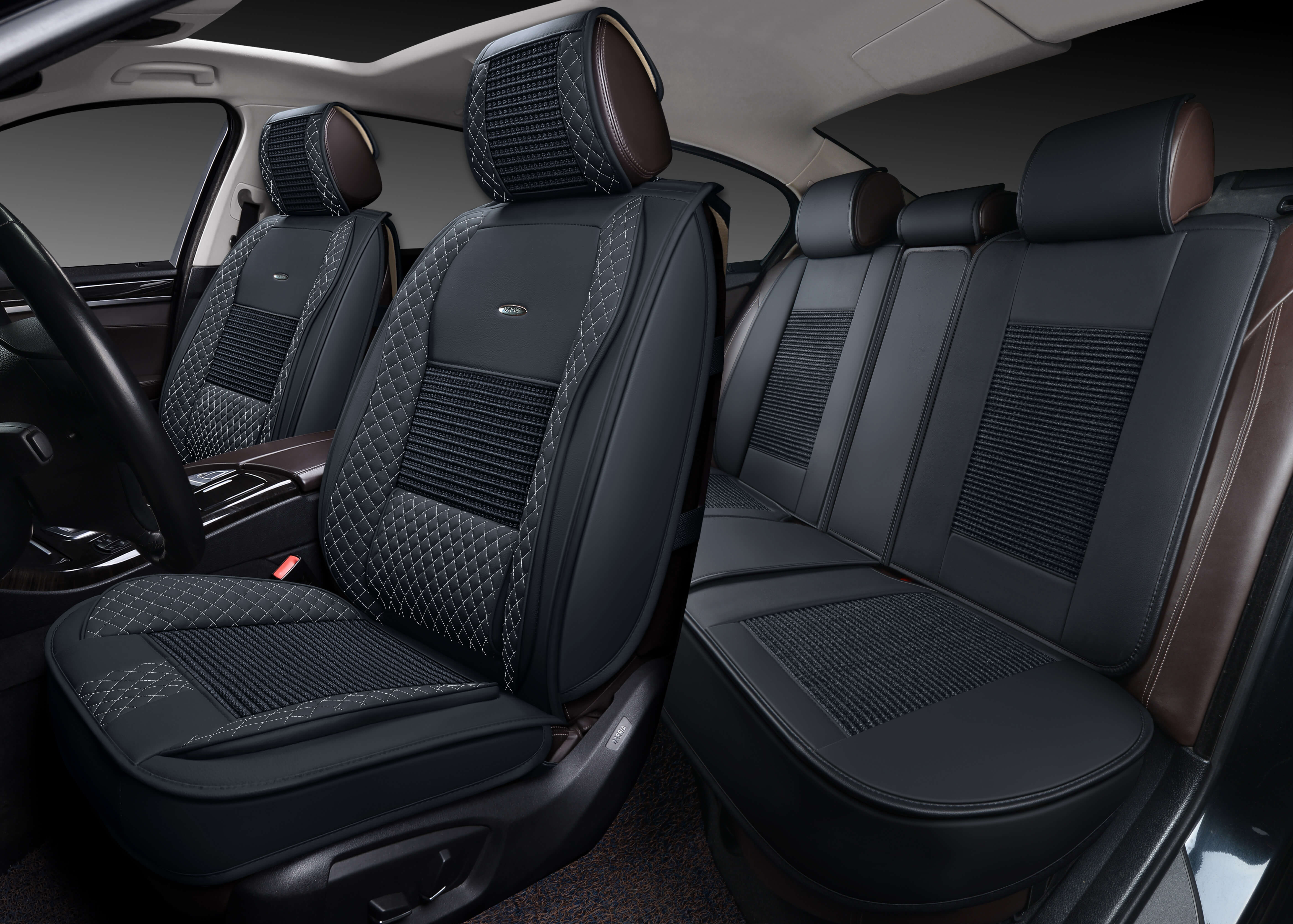 Накидки 3D PSV Lint (Черный/Отстрочка белая), комплект на весь салон, экокожа + льняное плетение