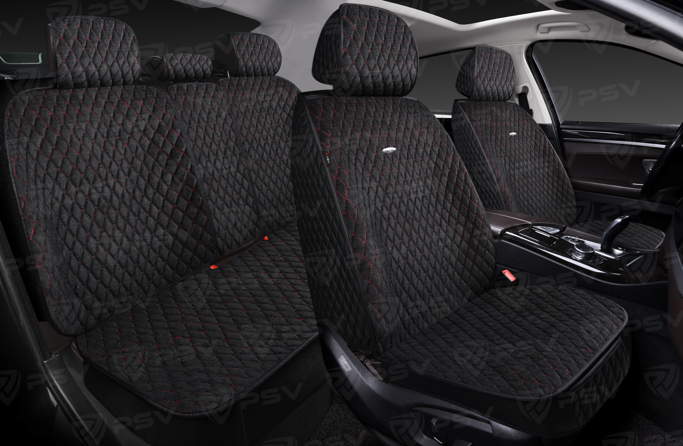 Накидки 5D PSV Velvet (Черный/Отстрочка Красная), комплект на весь салон, вельвет