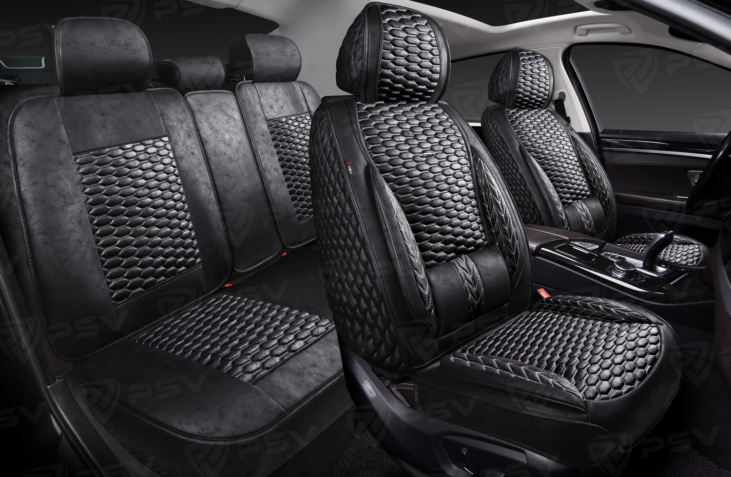 Накидки 5D PSV Armada Skin (Черный/Отстрочка Белая), комплект на весь салон, мокрая кожа