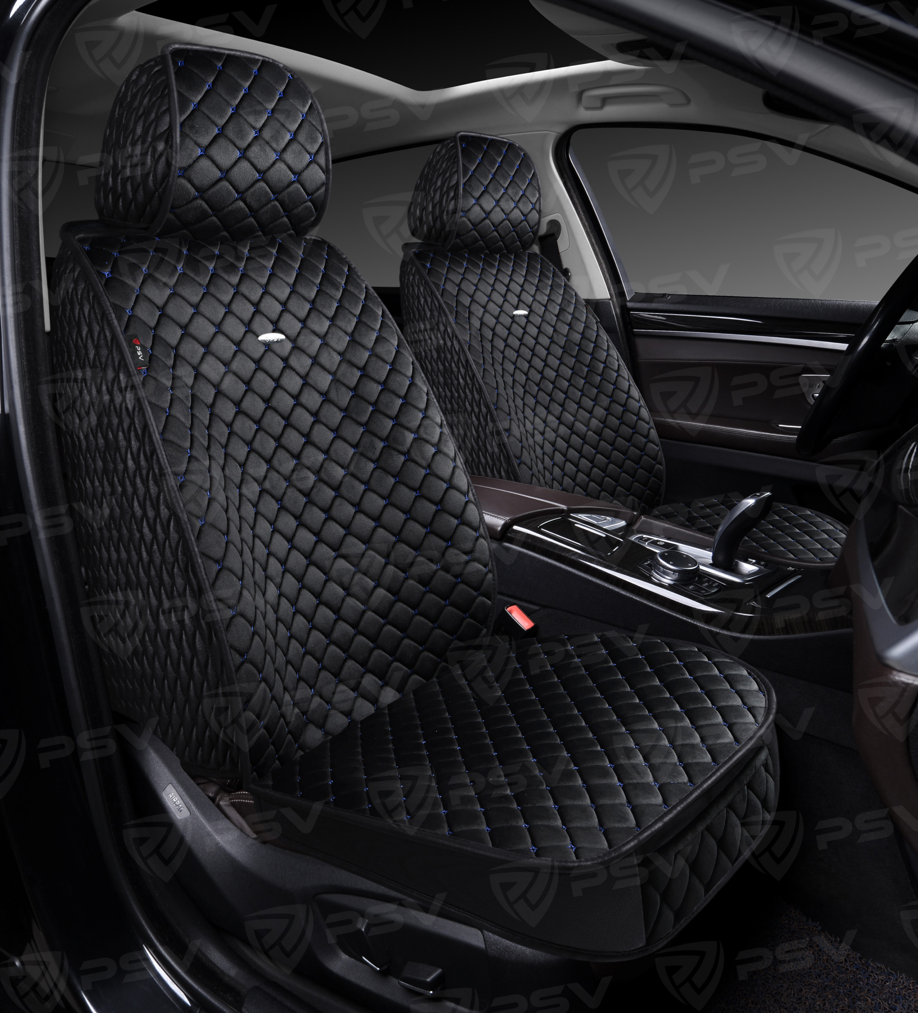 Накидки 5D PSV Velur 2 FRONT (Черный/Отстрочка Синяя), на передние сиденья, велюр