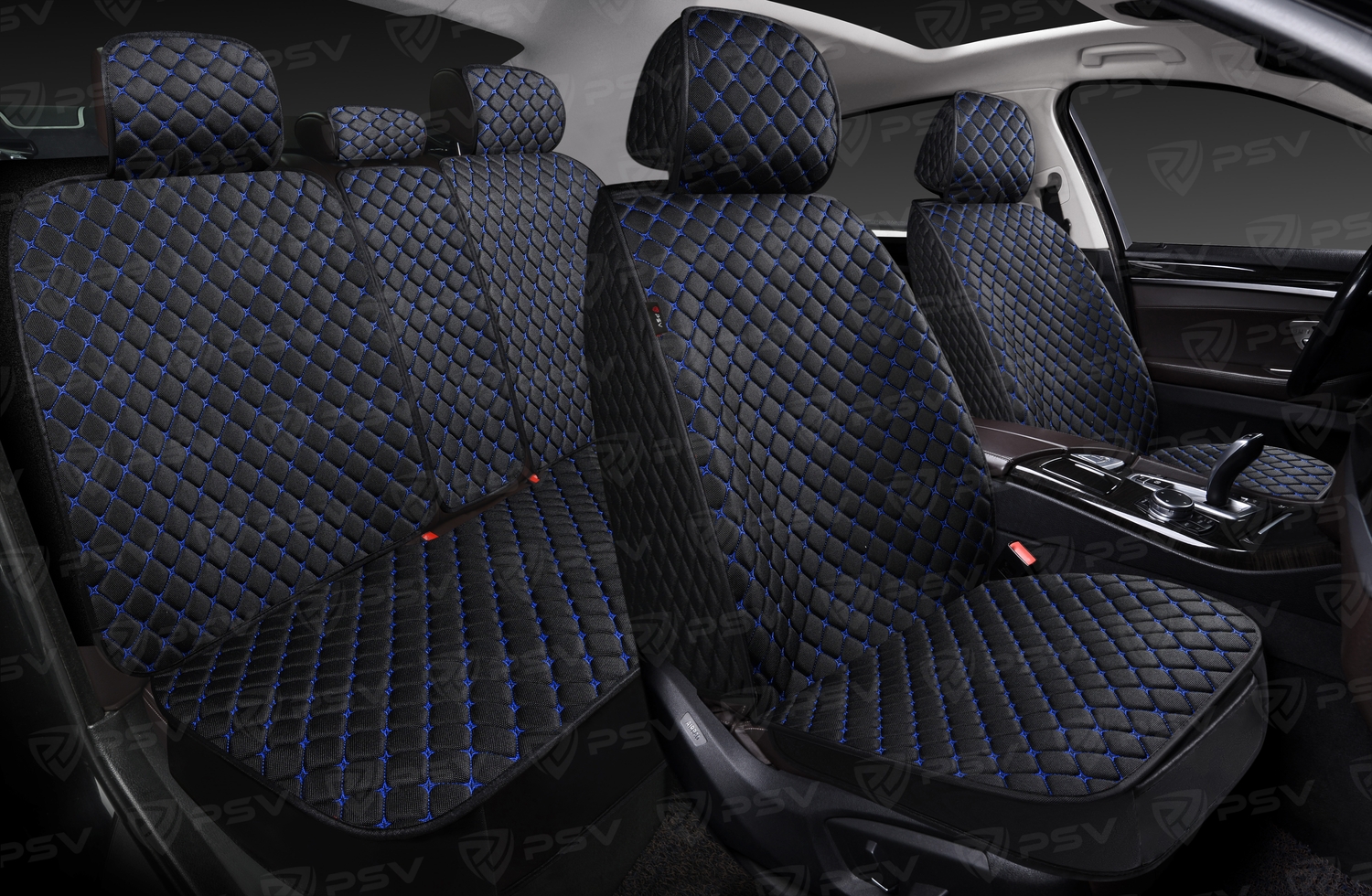 Накидки 5D PSV Len Next (Черный/Отстрочка синяя), комплект на весь салон, лен, ромб Звезда