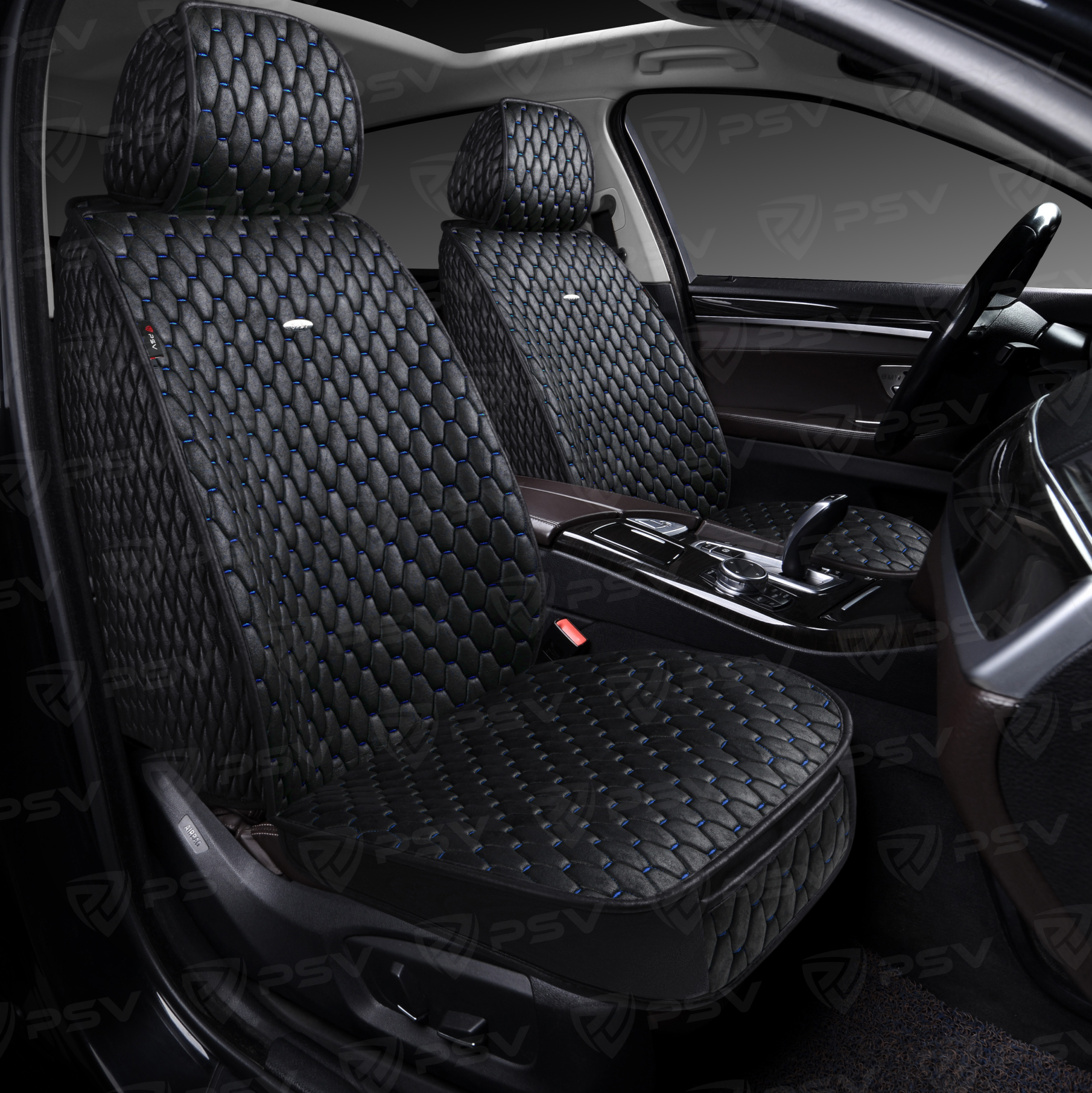 Накидки 5D PSV Skin 2 FRONT (Черный/Отстрочка синяя), на передние сиденья, мокрая кожа