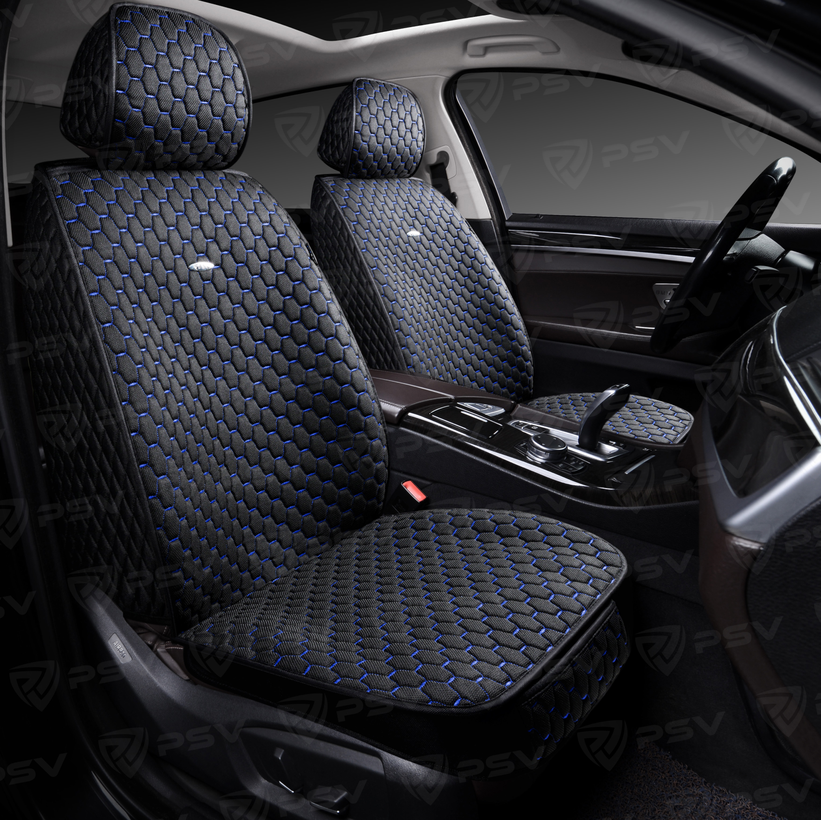 Накидки 5D PSV Drap 2 FRONT (Черный/Отстрочка Синяя), на передние сиденья, драп