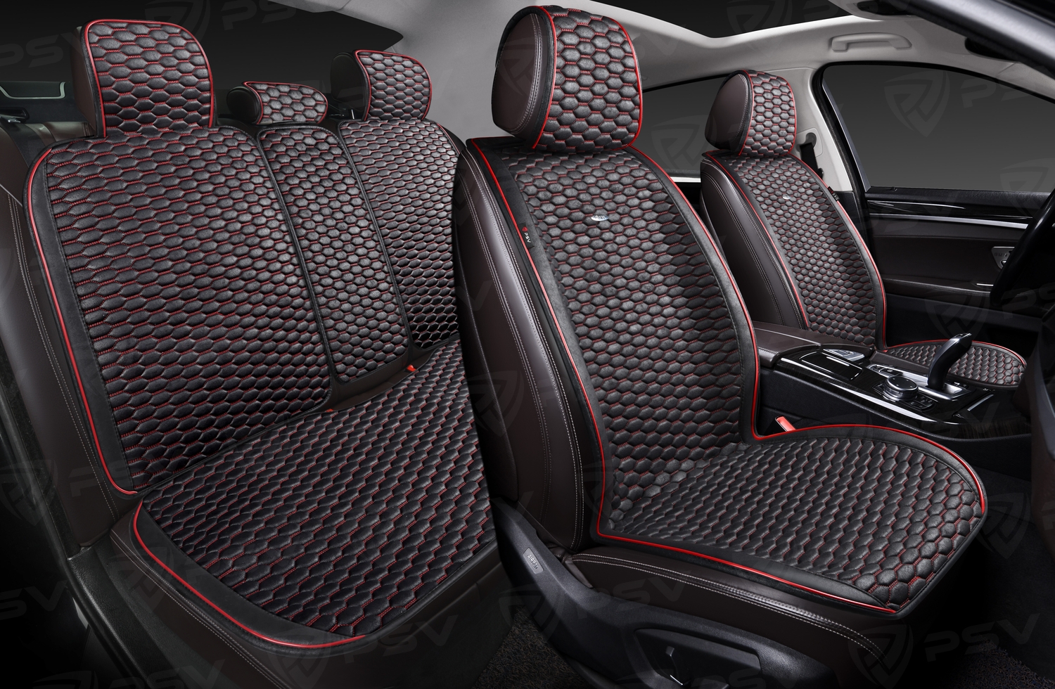 Накидки PSV Hornet PRO Skin (Черный/Кант Красный), комплект на весь салон, мокрая кожа