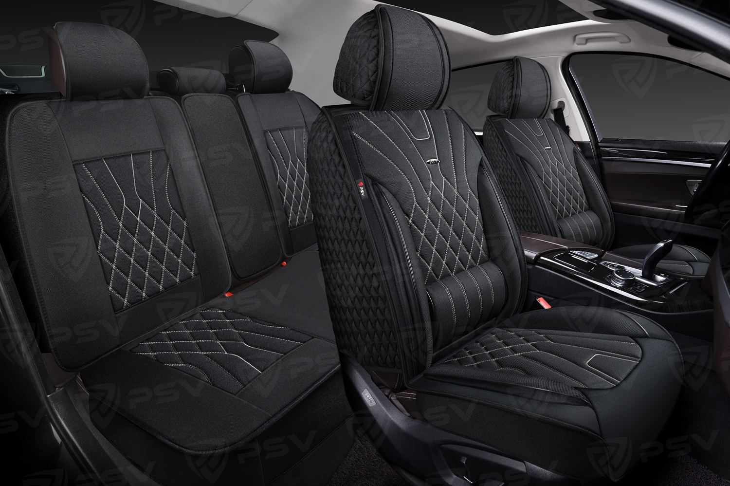 Накидки 5D PSV Matrix Drap (Черный/Отстрочка Белая), комплект на весь салон, драп