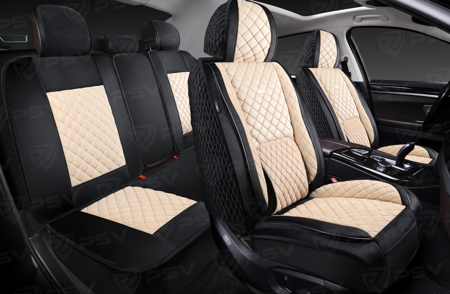 Накидки 5D PSV Favorit Velur (Черно-Бежевый/Отстрочка Бежевая), комплект на весь салон, велюр