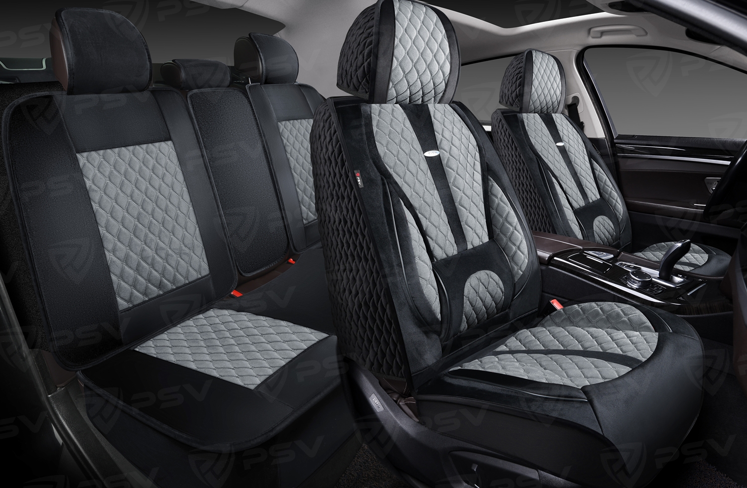 Накидки 5D PSV Korona Velur (Черно-Серый/Отстрочка Серая), комплект на весь салон, велюр