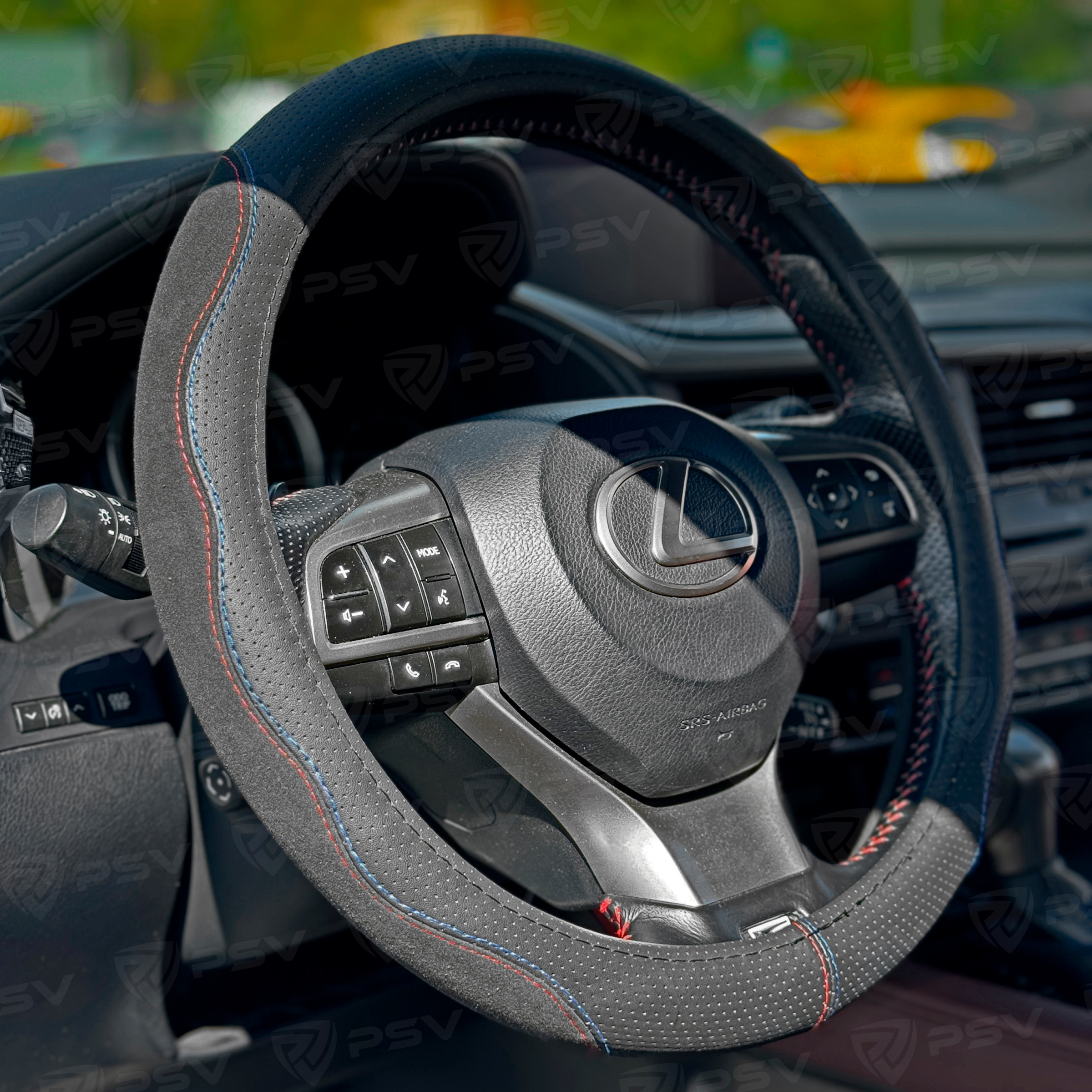 Оплетка на руль  PSV ALCANTARA Fiber (Черный/Отстрочка красная+синяя) М, экокожа