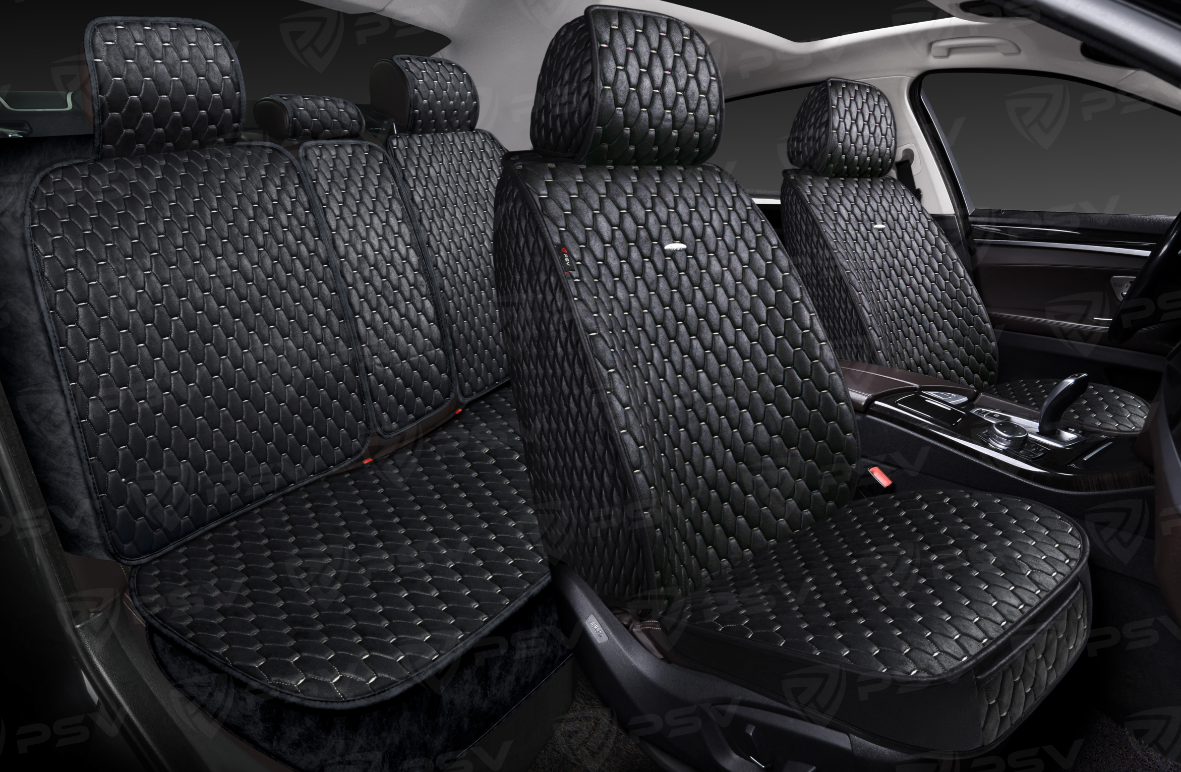 Накидки 5D PSV Skin (Черный/Отстрочка Белая), комплект на весь салон, мокрая кожа