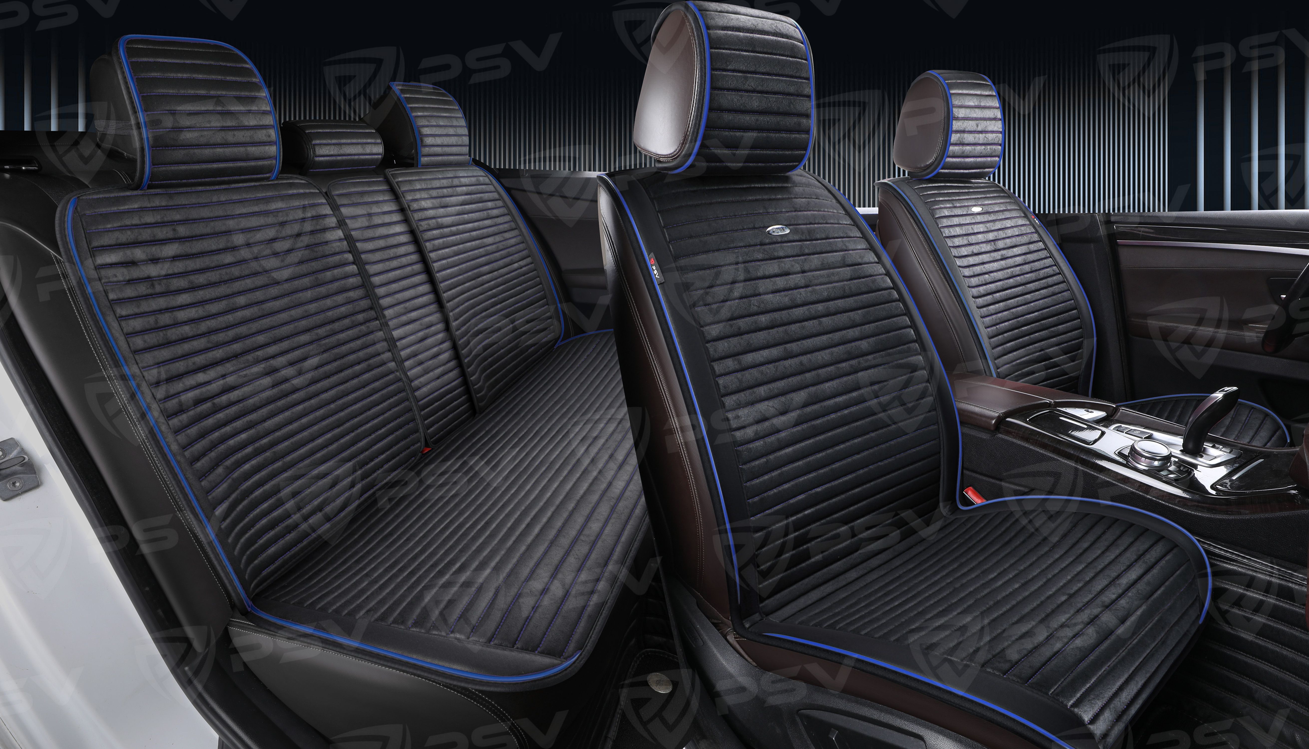 Накидки PSV Bliss PRO Skin (Черный/Кант Синий), комплект на весь салон, мокрая кожа