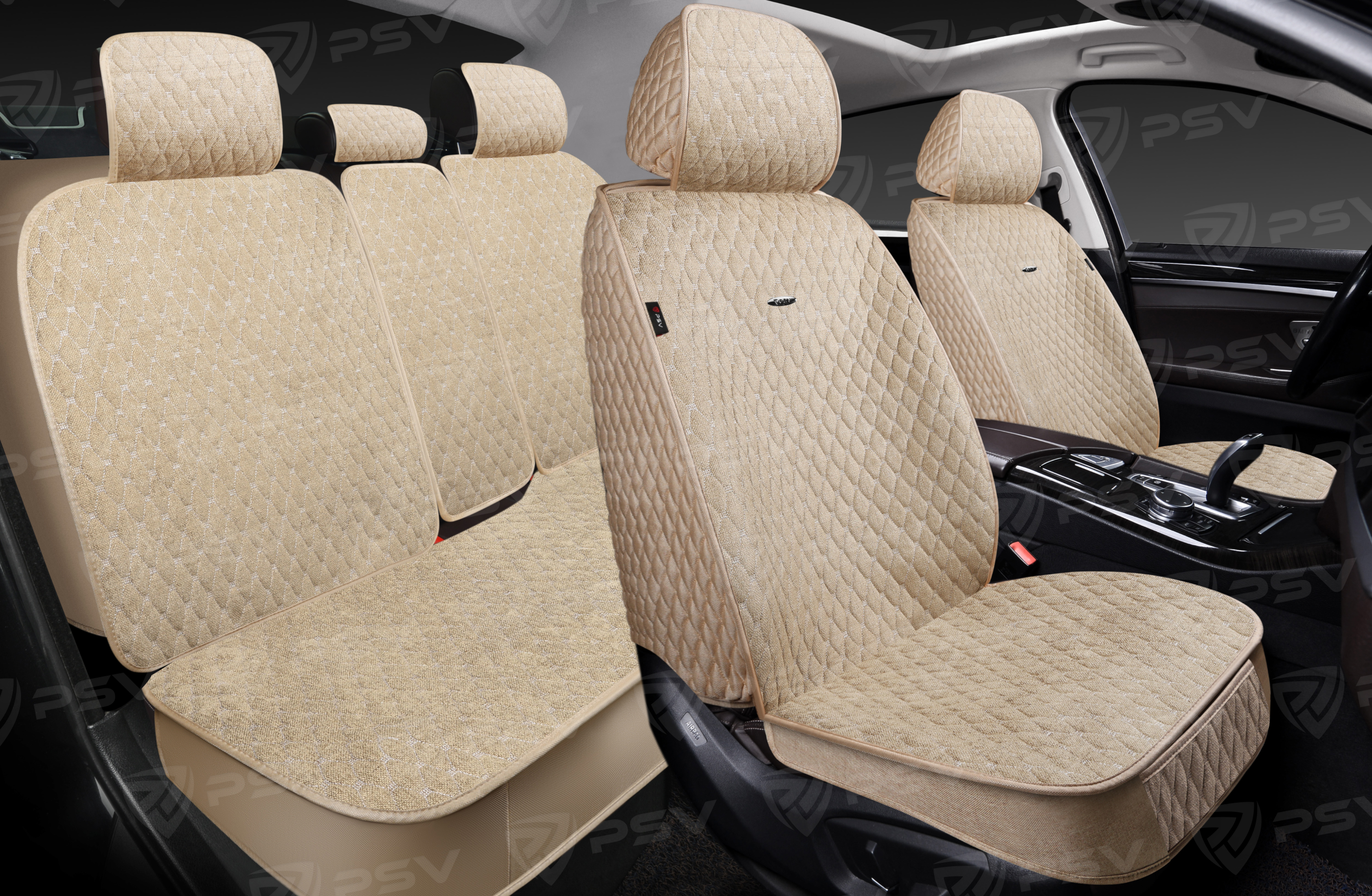 Накидки 5D PSV Velvet (Бежевый/Отстрочка Белая), комплект на весь салон, вельвет