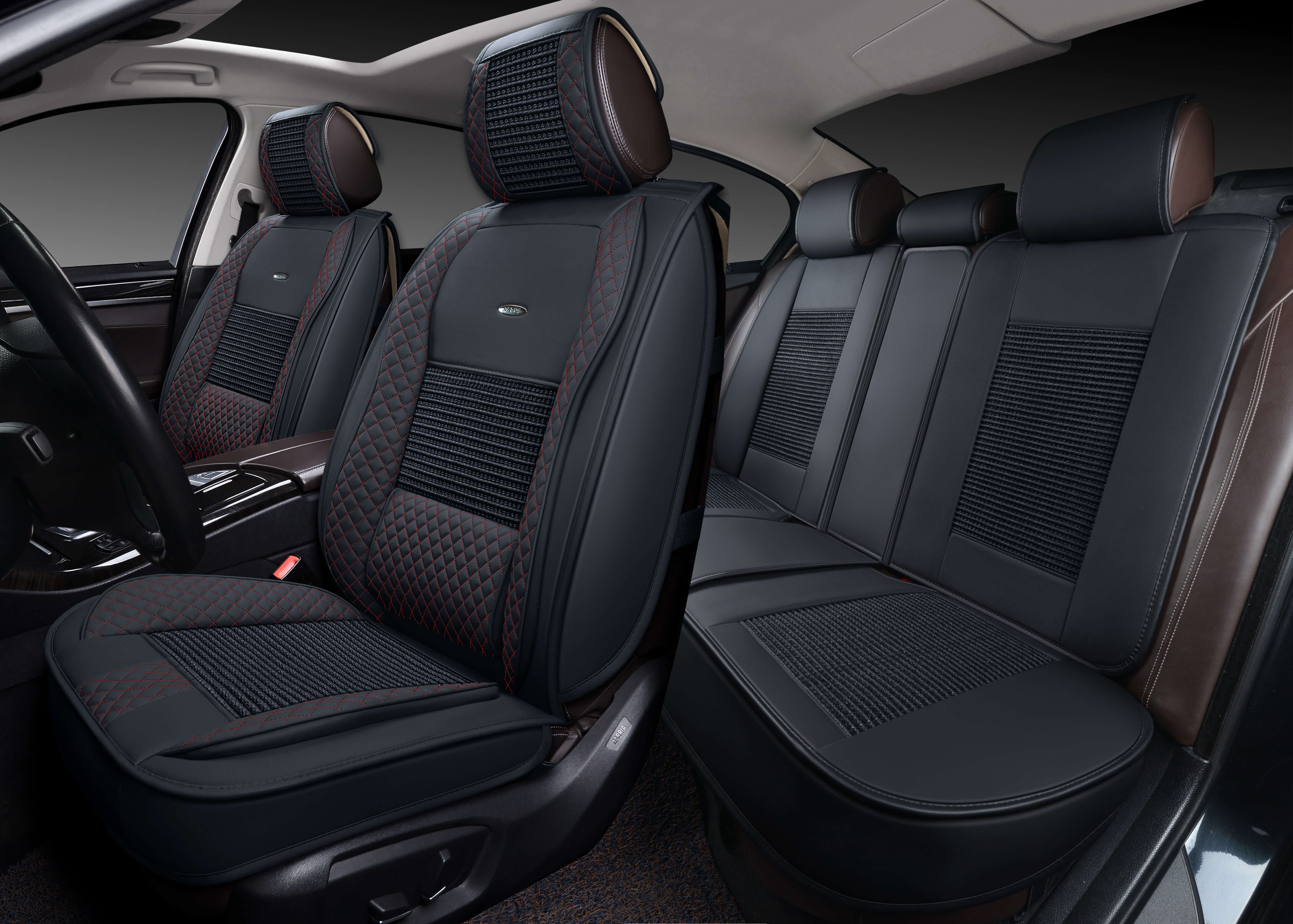 Накидки 3D PSV Lint (Черный/Отстрочка красная), комплект на весь салон, экокожа + льняное плетение
