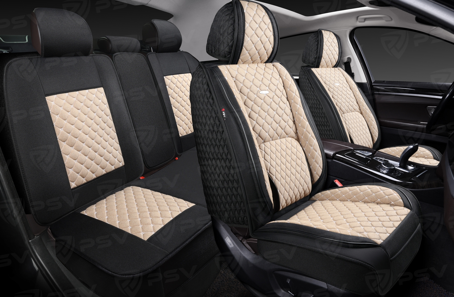 Накидки 5D PSV Favorit Len (Черно-Бежевый/Отстрочка Белая), комплект на весь салон, лен