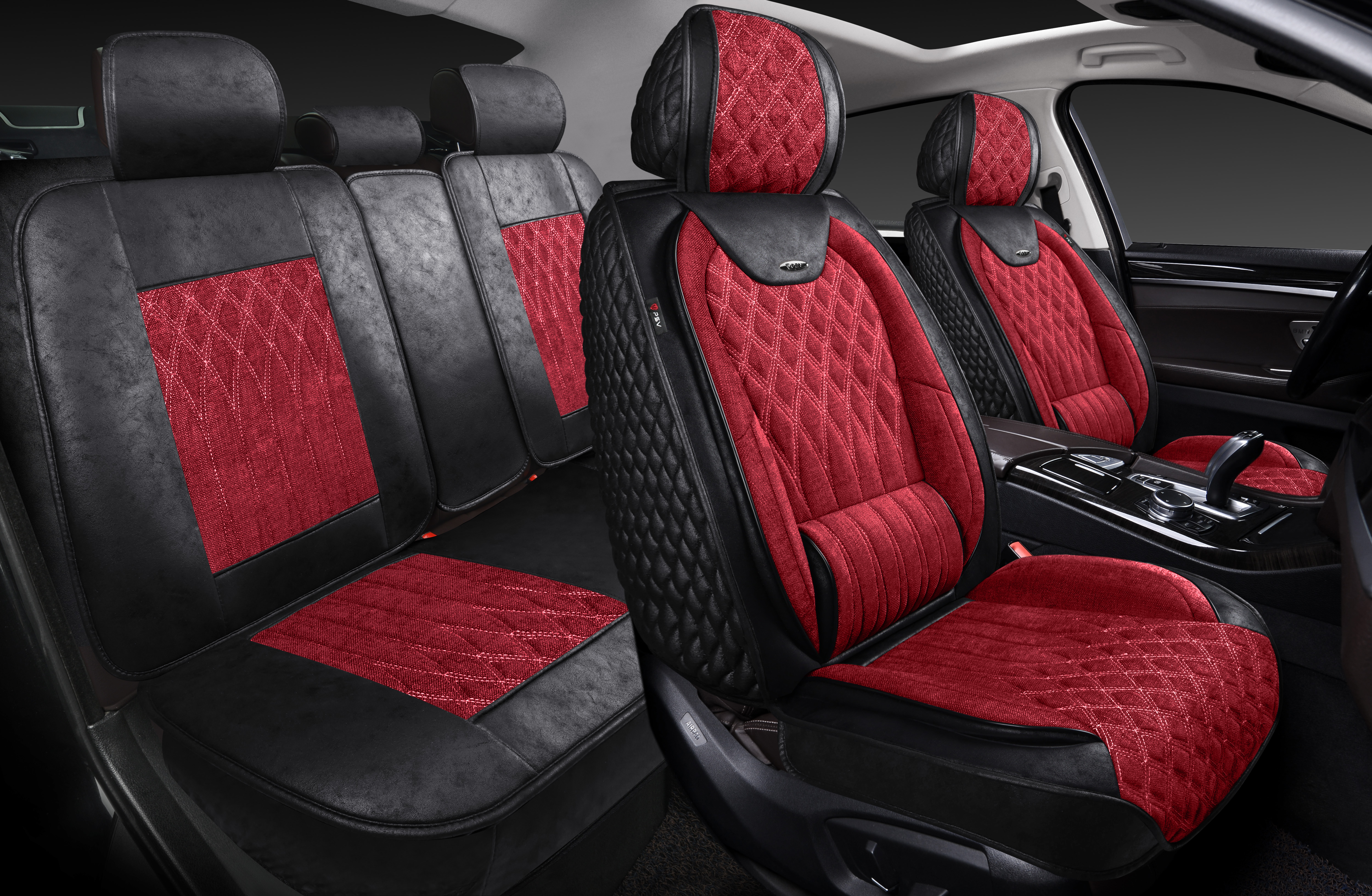 Накидки 5D PSV Galant Velvet Skin (Черно-Красный/Отстрочка Белая), комплект на весь салон, вельвет + мокрая кожа