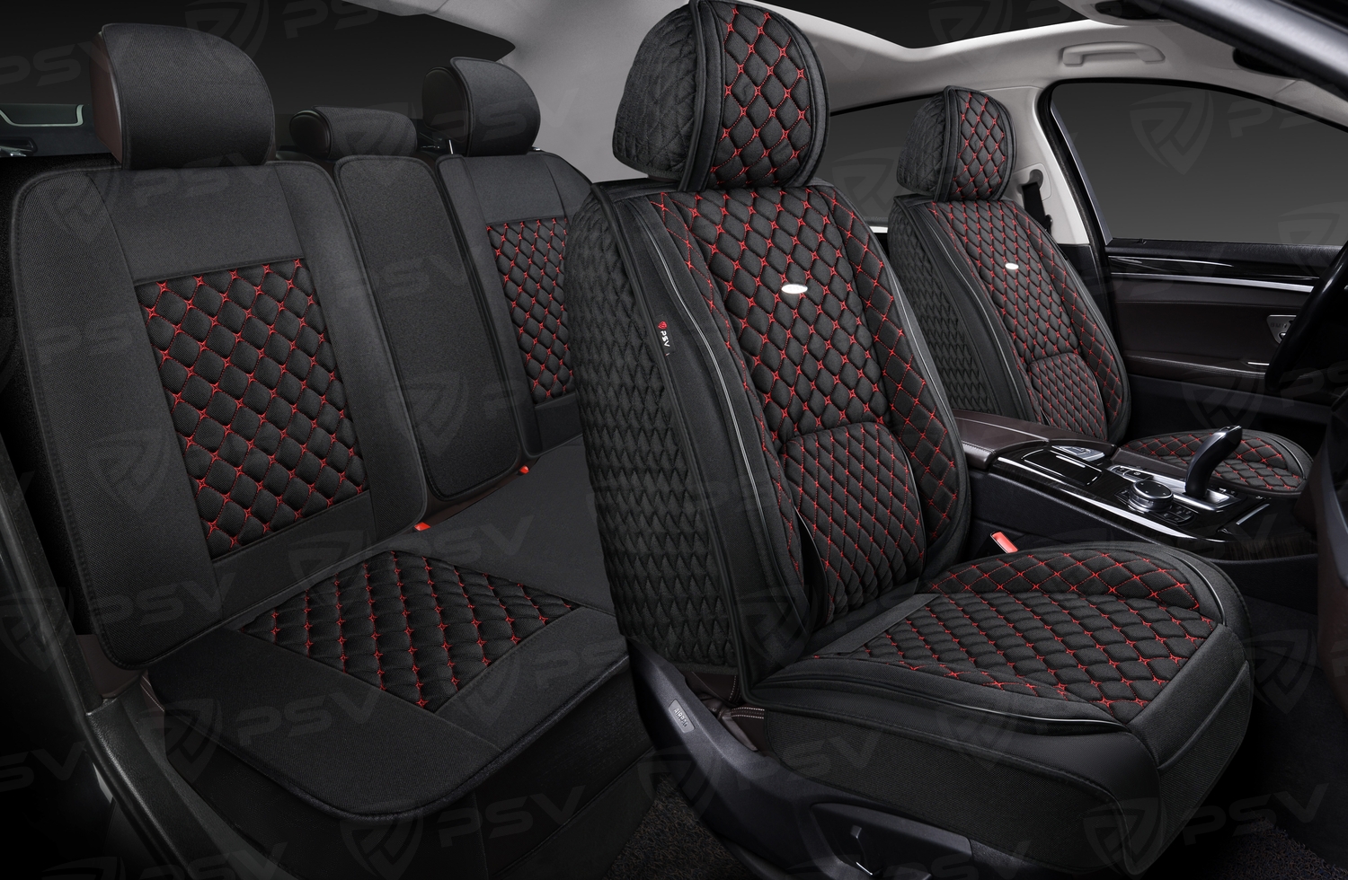 Накидки 5D PSV Favorit Len (Черный/Отстрочка Красная), комплект на весь салон, лен