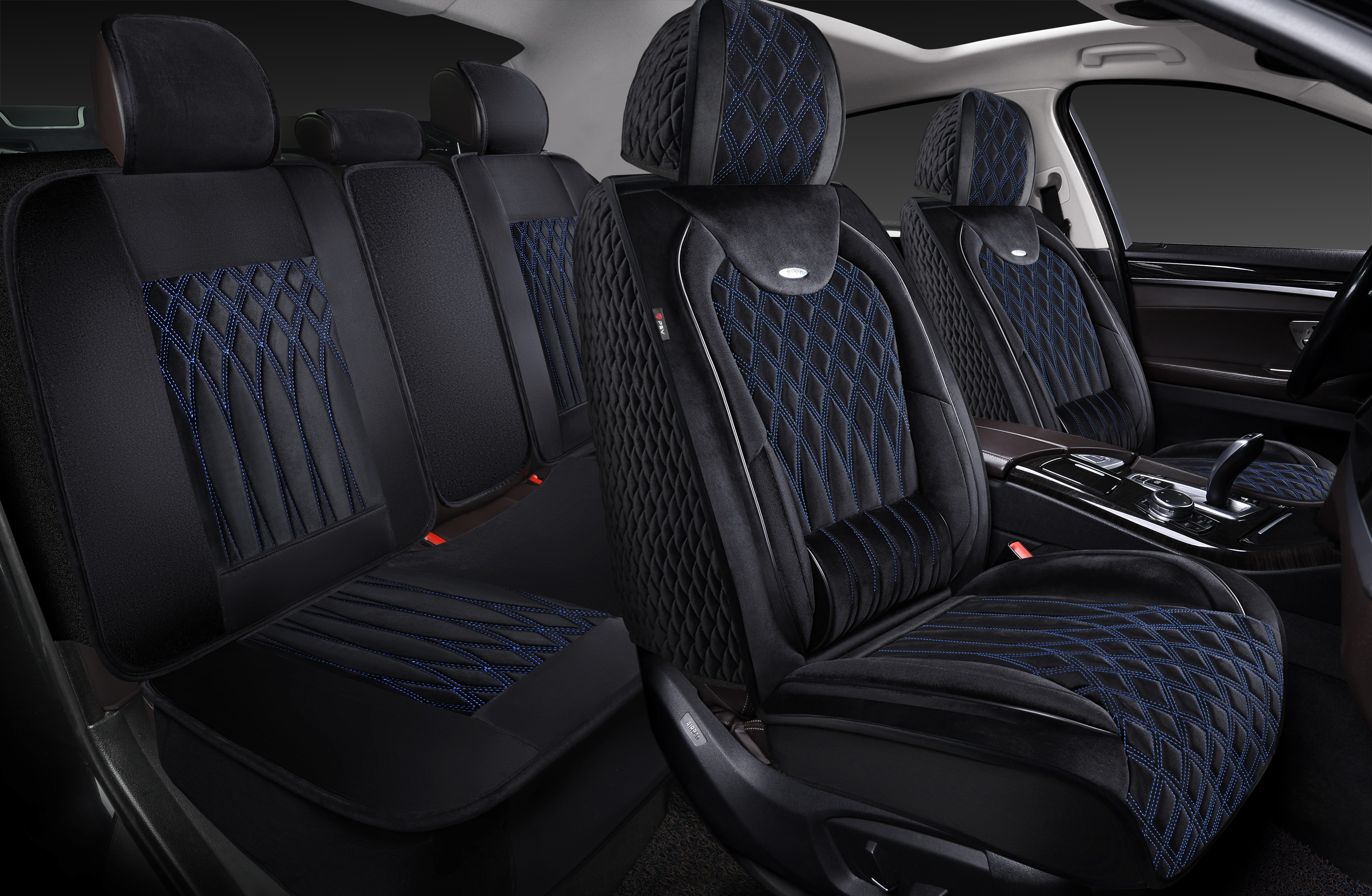 Накидки 5D PSV Galant Velur (Черный/Отстрочка Синяя), комплект на весь салон, велюр