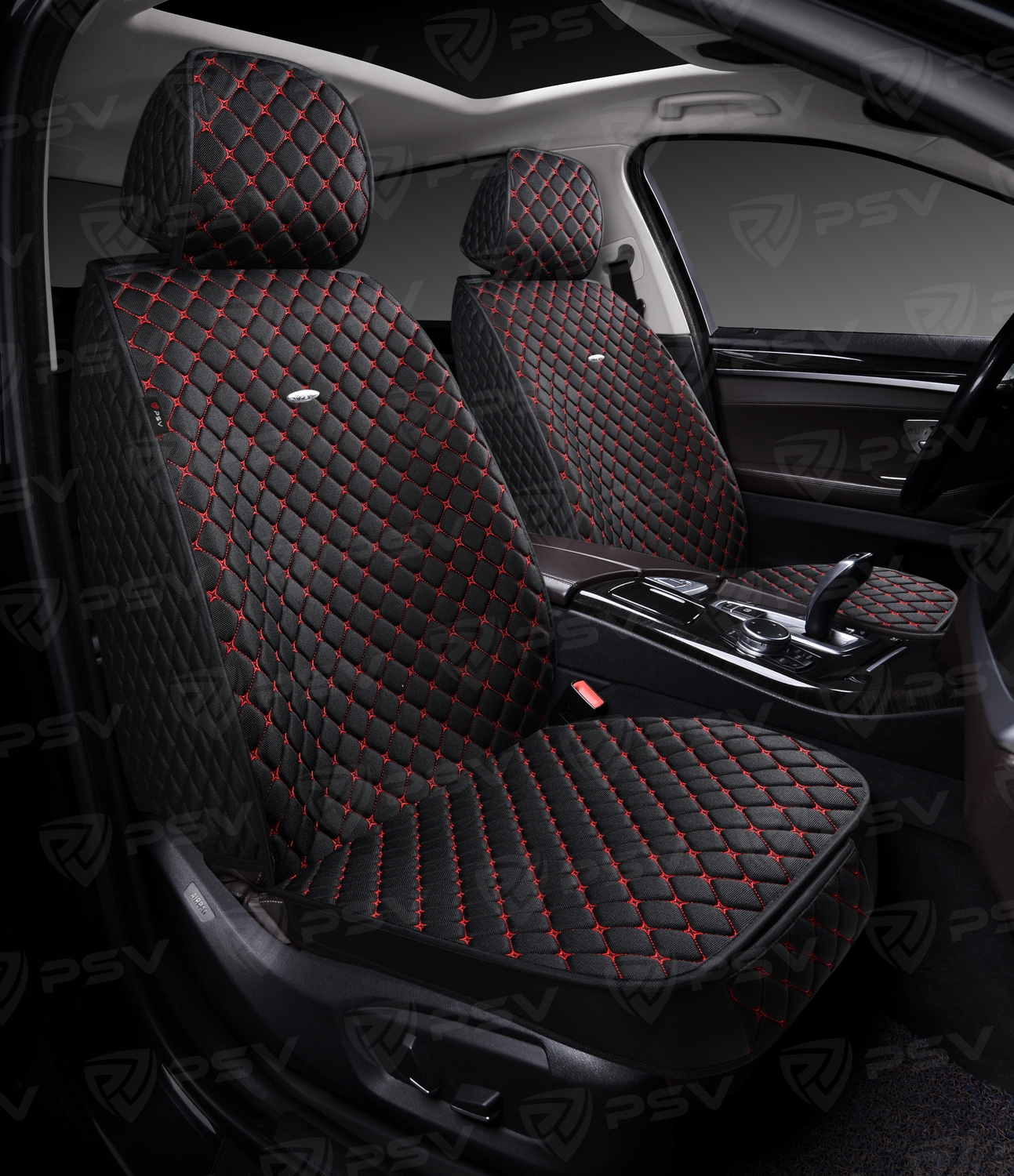 Накидки 5D PSV Len 2 FRONT (Черный/Отстрочка Красная), на передние сиденья, лен