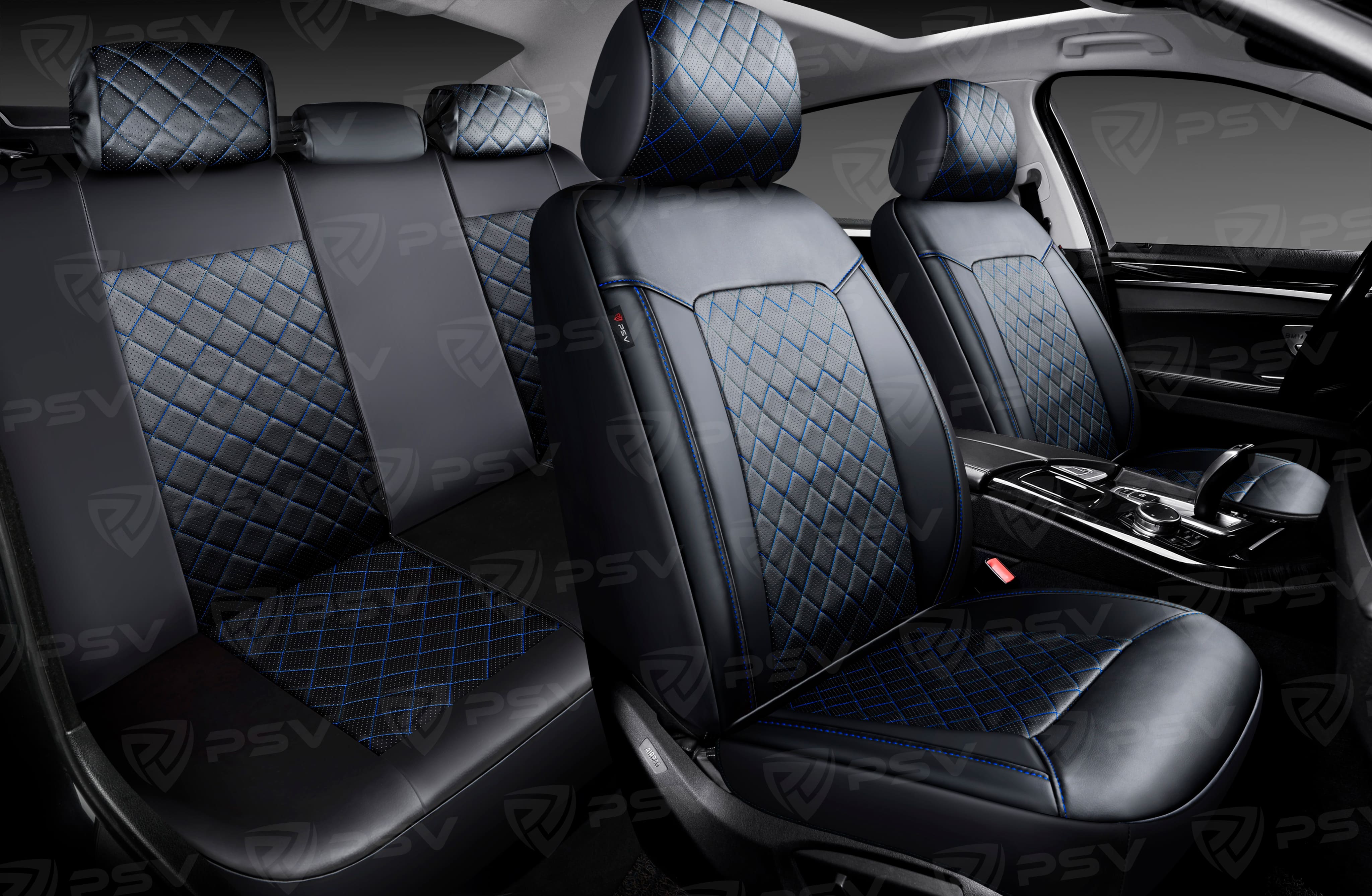 Чехлы PSV Elegant Next (Черный/Ромб синий/отстрочка синяя), ромб + экокожа (ХИТ ПРОДАЖ)