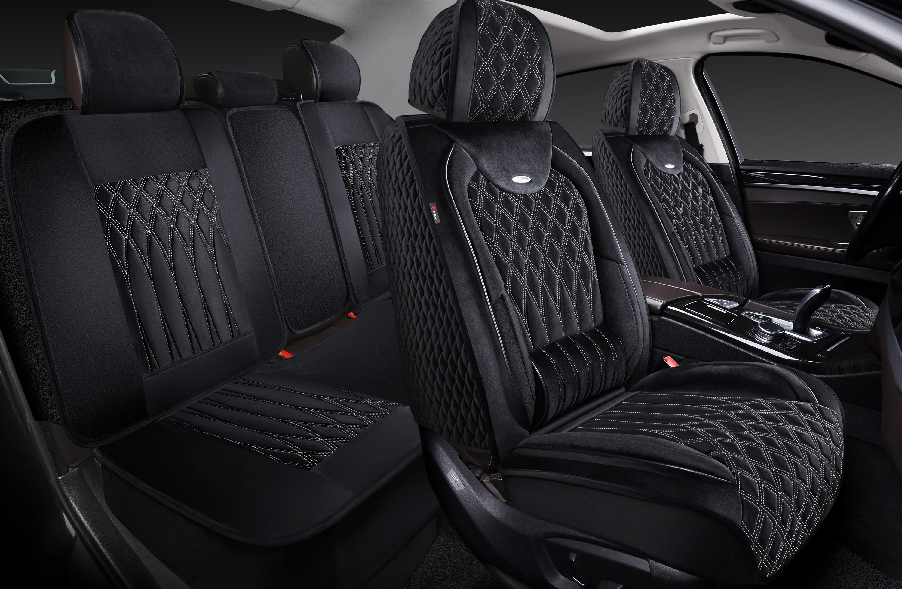 Накидки 5D PSV Galant Velur (Черный/Отстрочка Белая), комплект на весь салон, велюр