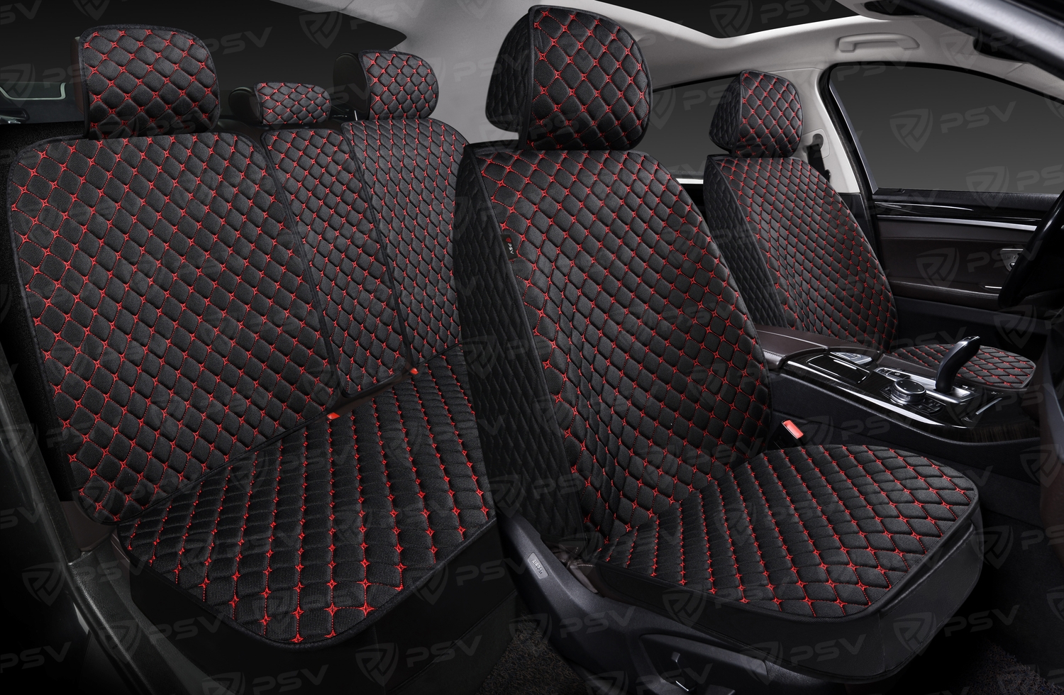 Накидки 5D PSV Len Next (Черный/Отстрочка красная), комплект на весь салон, лен, ромб Звезда