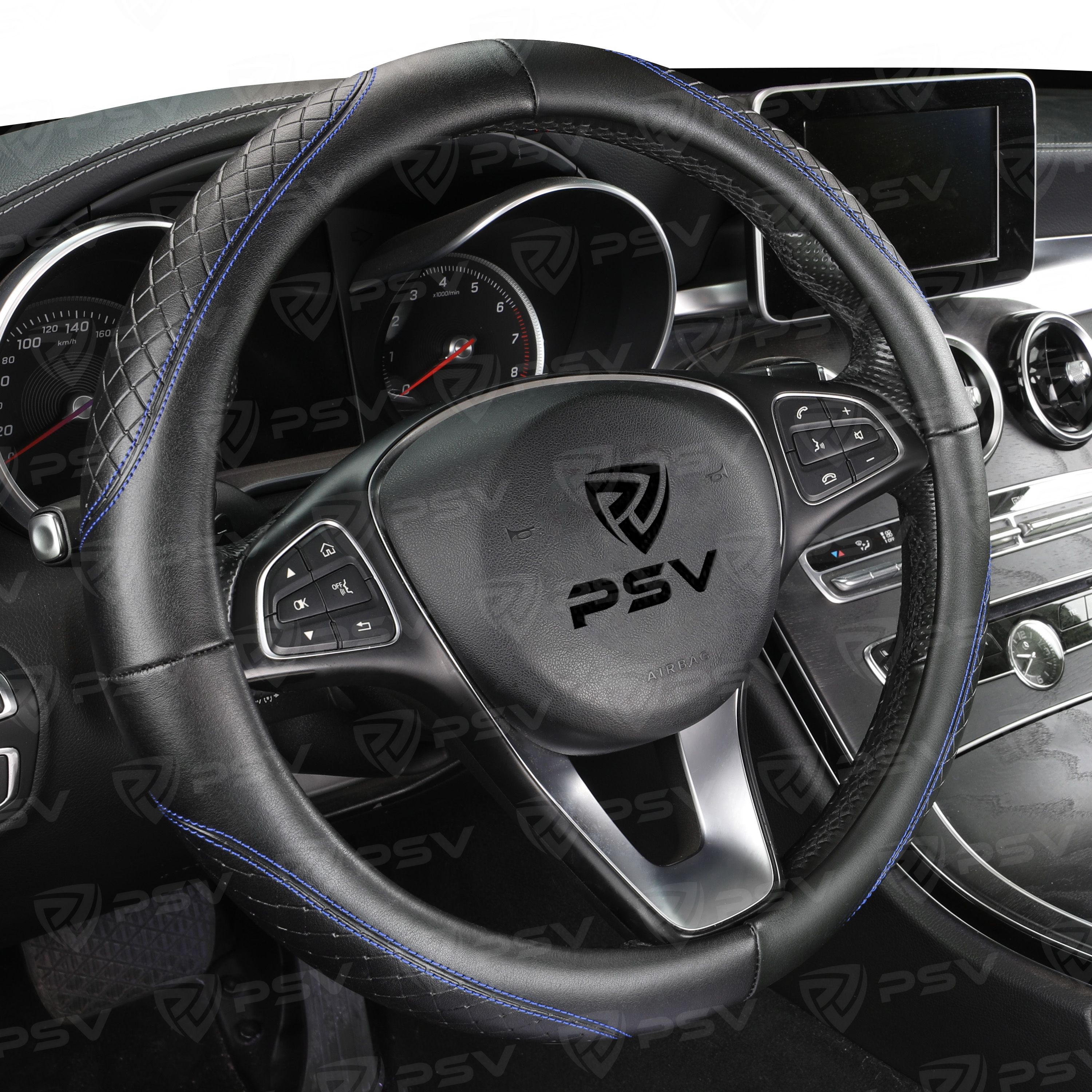 Оплетка на руль PSV CORRECT (Черный/Отстрочка синяя) M, экокожа