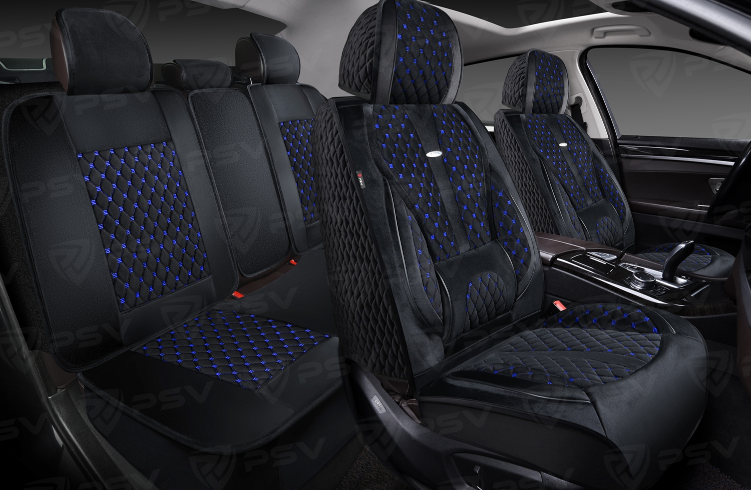 Накидки 5D PSV Korona Velur (Черный/Отстрочка Синяя), комплект на весь салон, велюр