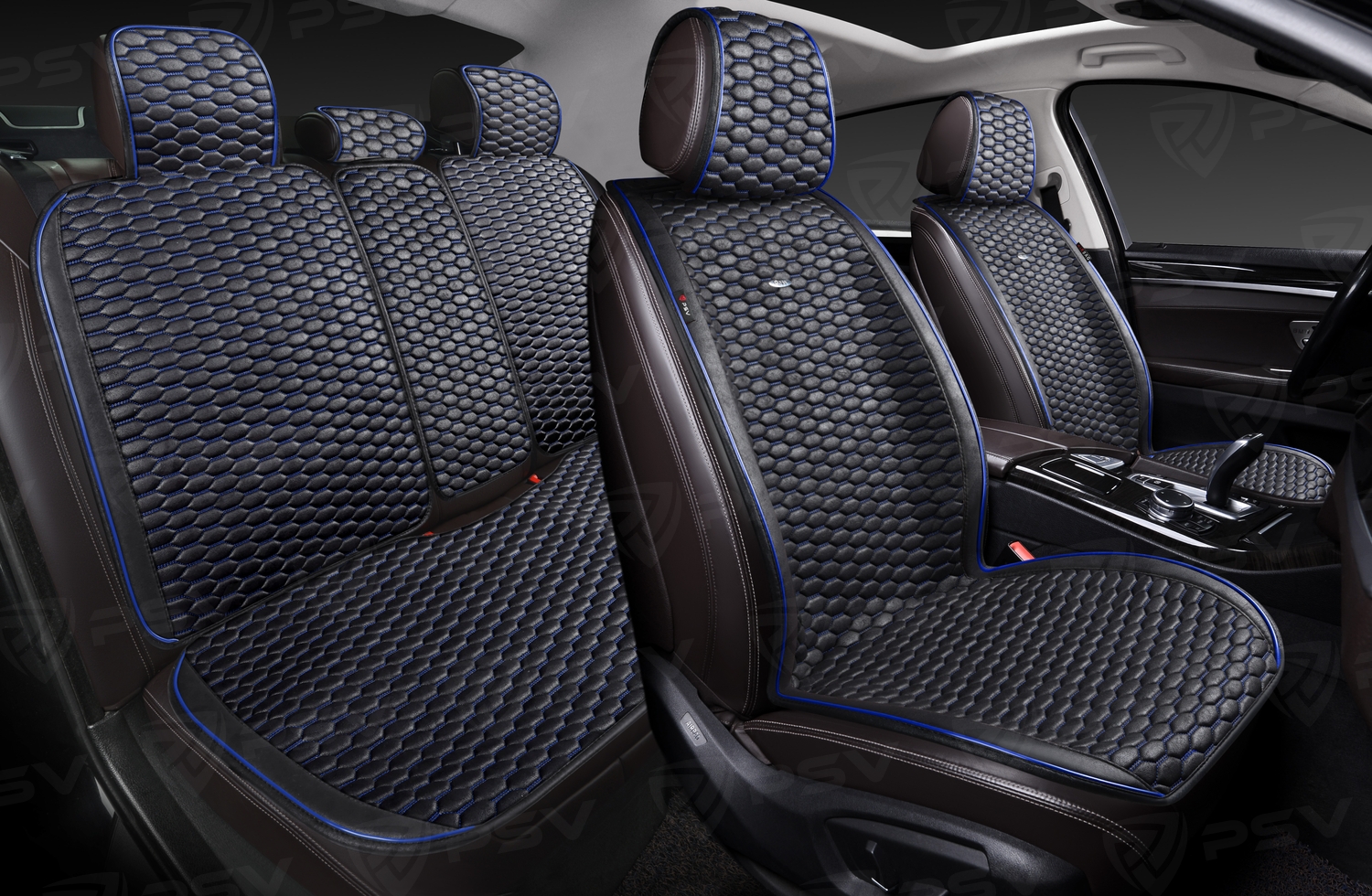 Накидки PSV Hornet PRO Skin (Черный/Кант Синий), комплект на весь салон, мокрая кожа