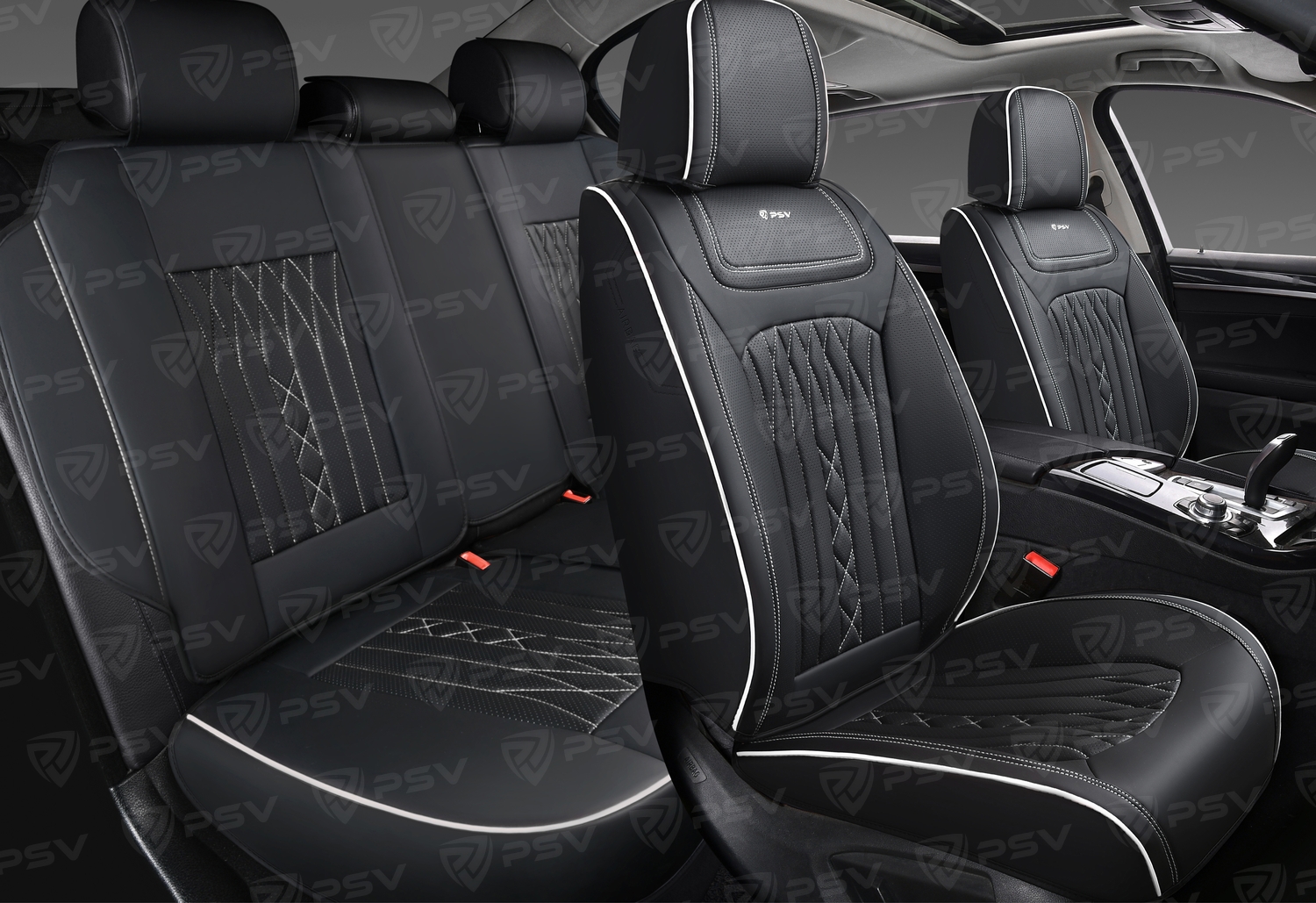 Накидки 5D PSV Exclusive (Черный/Отстрочка белая), комплект на весь салон