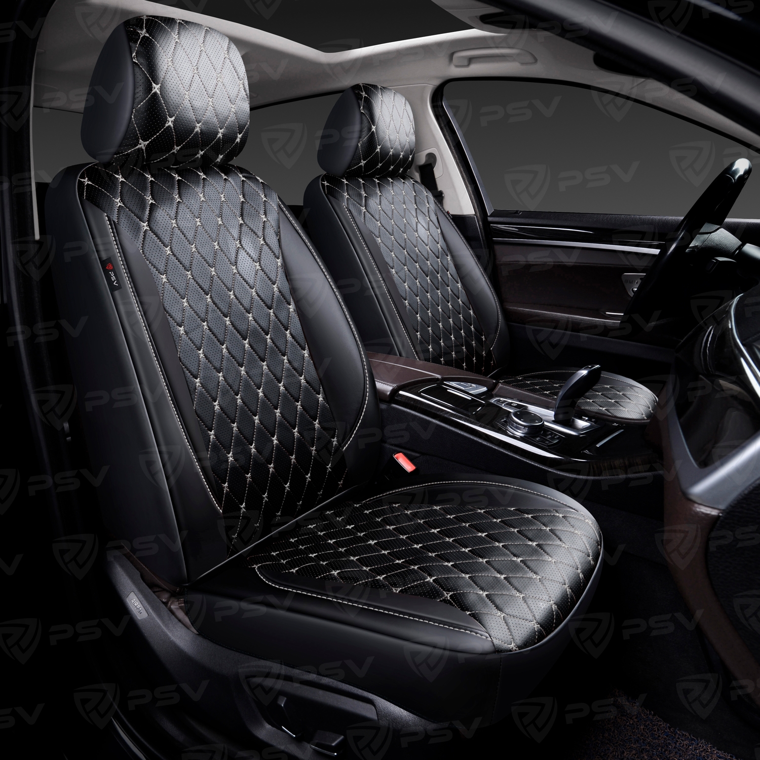 Чехлы PSV Graf Next 2 FRONT (Черный/Ромб белый "Бабочка"/отстрочка белая), ромб + экокожа