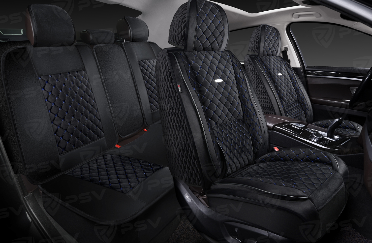 Накидки 5D PSV Favorit Velur (Черный/Отстрочка Синяя), комплект на весь салон, велюр