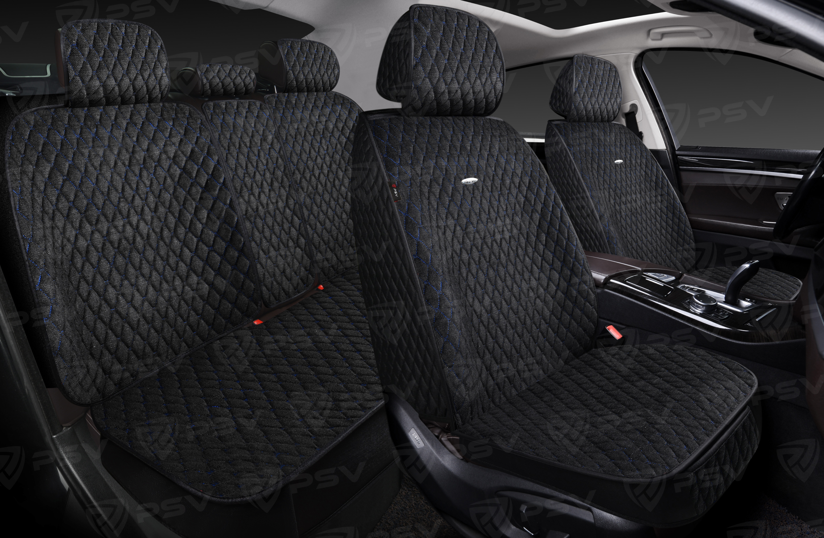 Накидки 5D PSV Velvet (Черный/Отстрочка Синяя), комплект на весь салон, вельвет