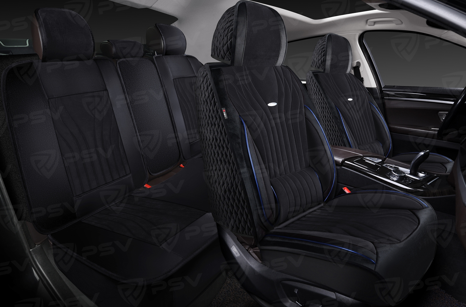 Накидки 5D PSV Angel Velur (Черный/Кант Синий), комплект на весь салон, велюр (ХИТ ПРОДАЖ)