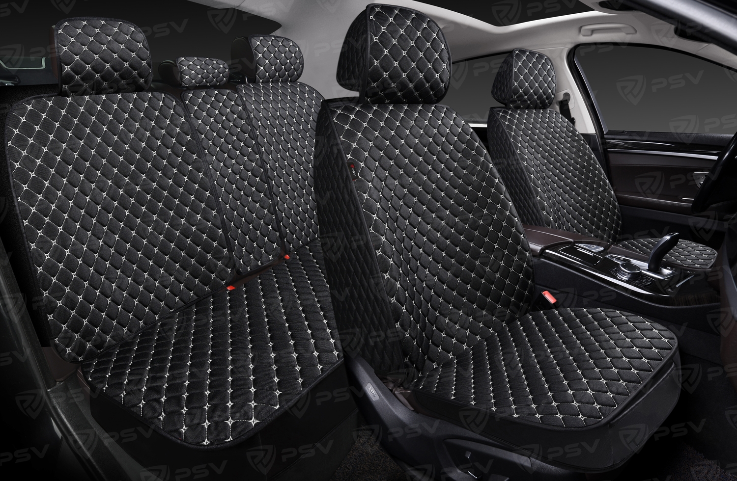 Накидки 5D PSV Len Next (Черный/Отстрочка белая), комплект на весь салон, лен, ромб Звезда