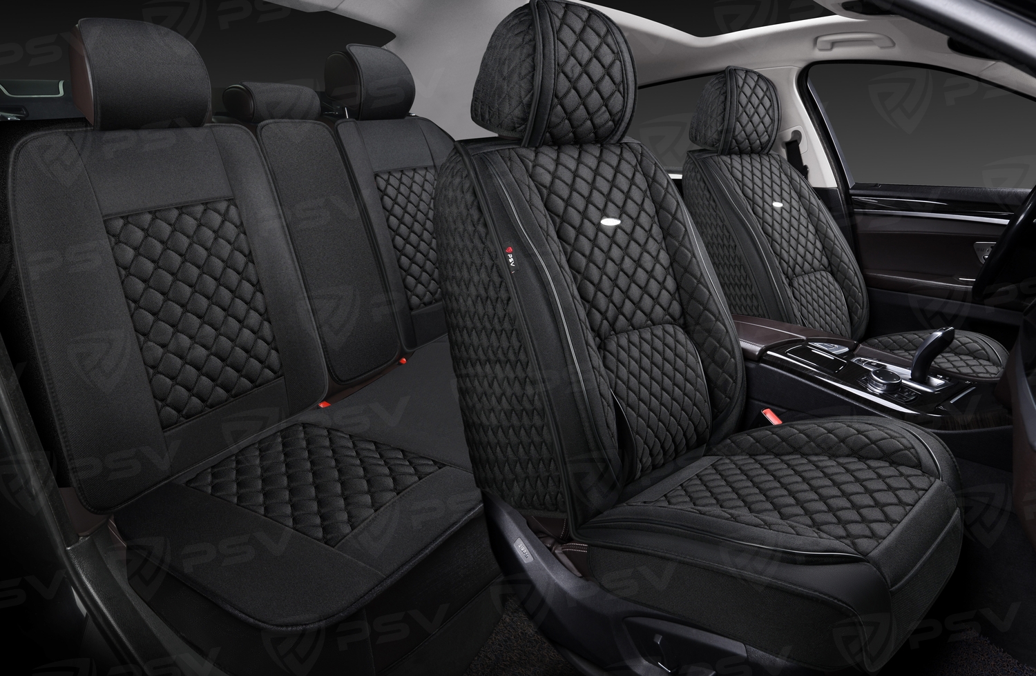 Накидки 5D PSV Favorit Len (Черный/Отстрочка Черная), комплект на весь салон, лен