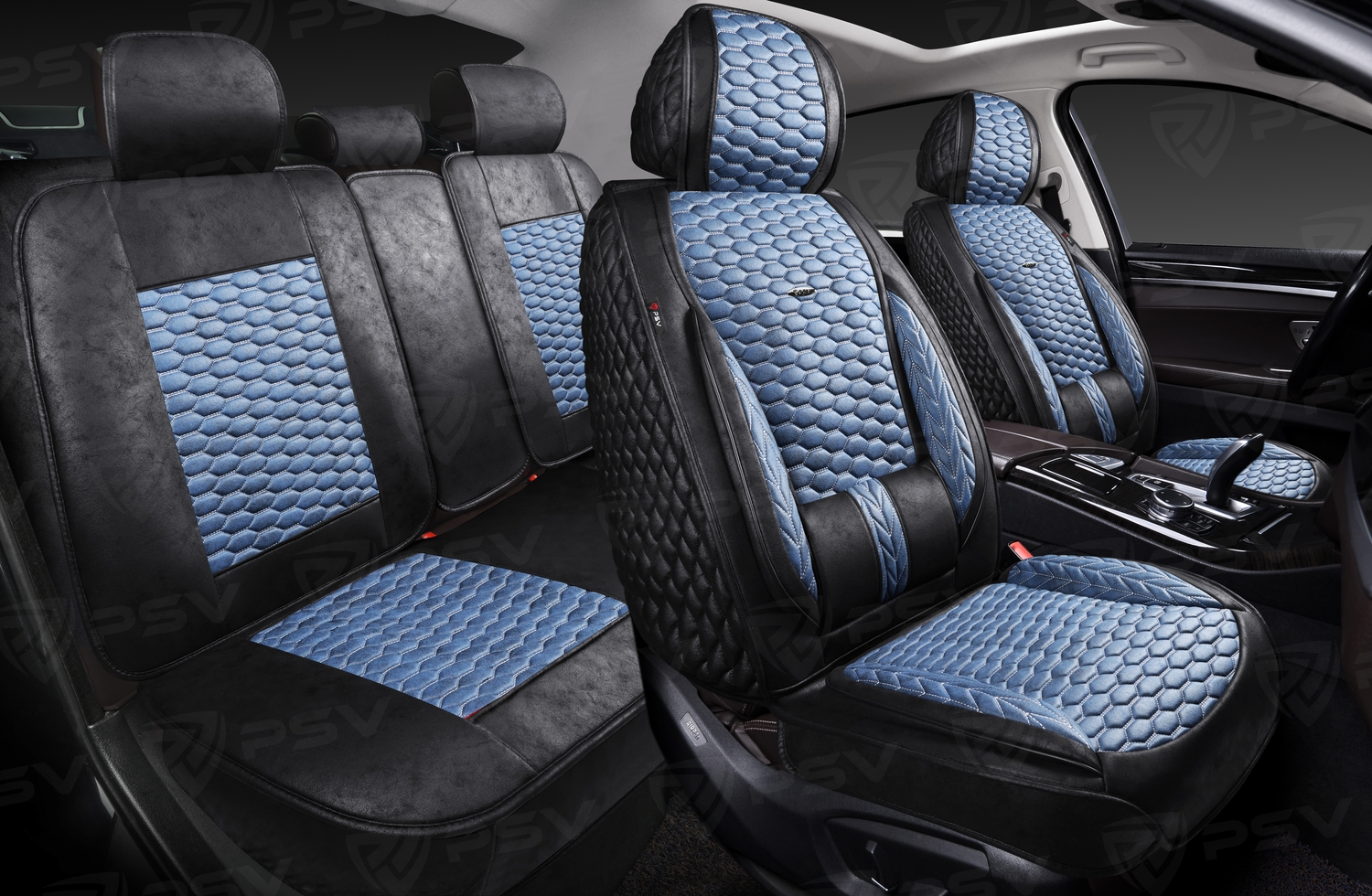 Накидки 5D PSV Armada Skin (Черно-Синий/Отстрочка Синяя), комплект на весь салон, мокрая кожа