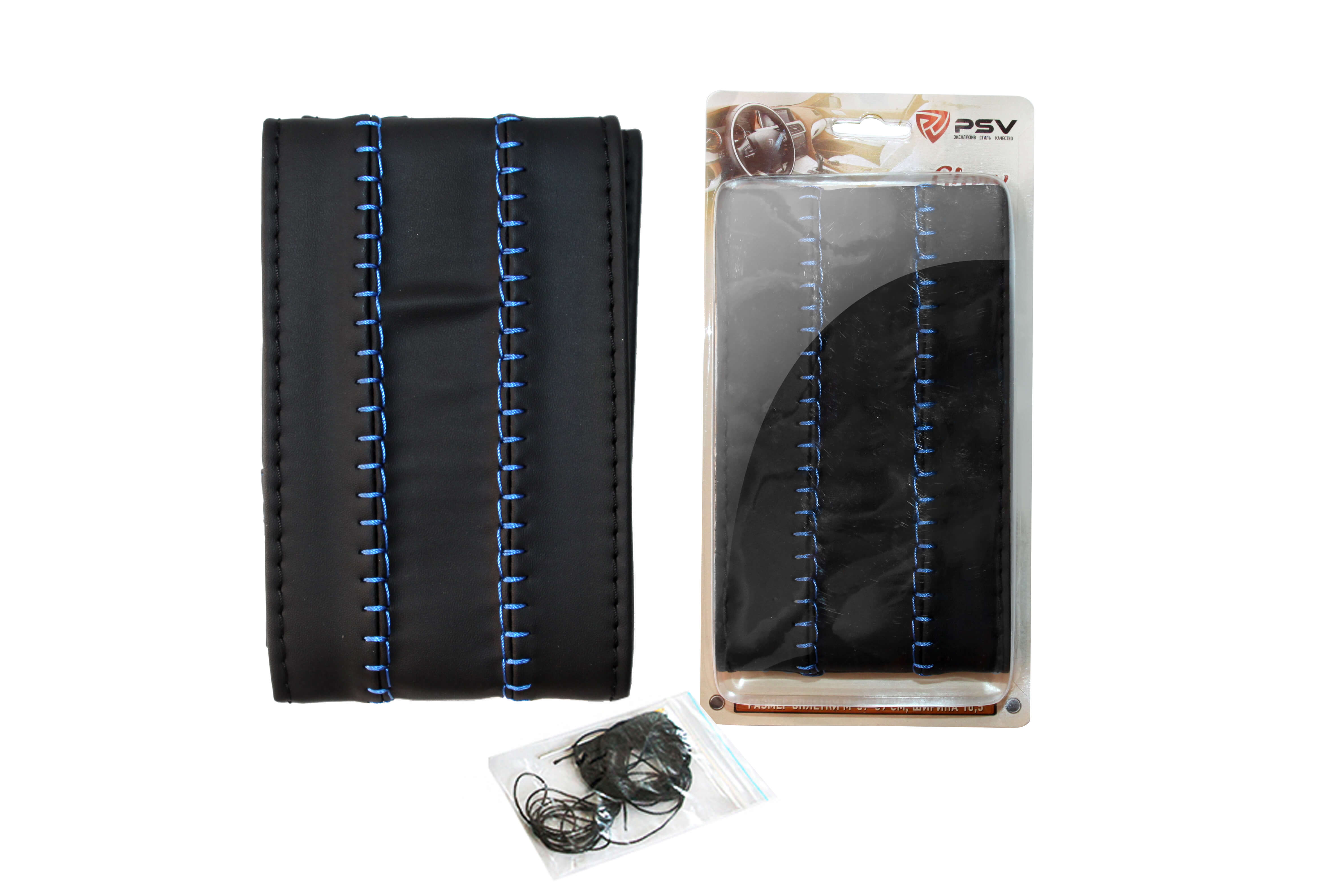 Оплетка на руль PSV со шнуровкой GLORY Fiber (Черный/Отстрочка синяя) M экокожа