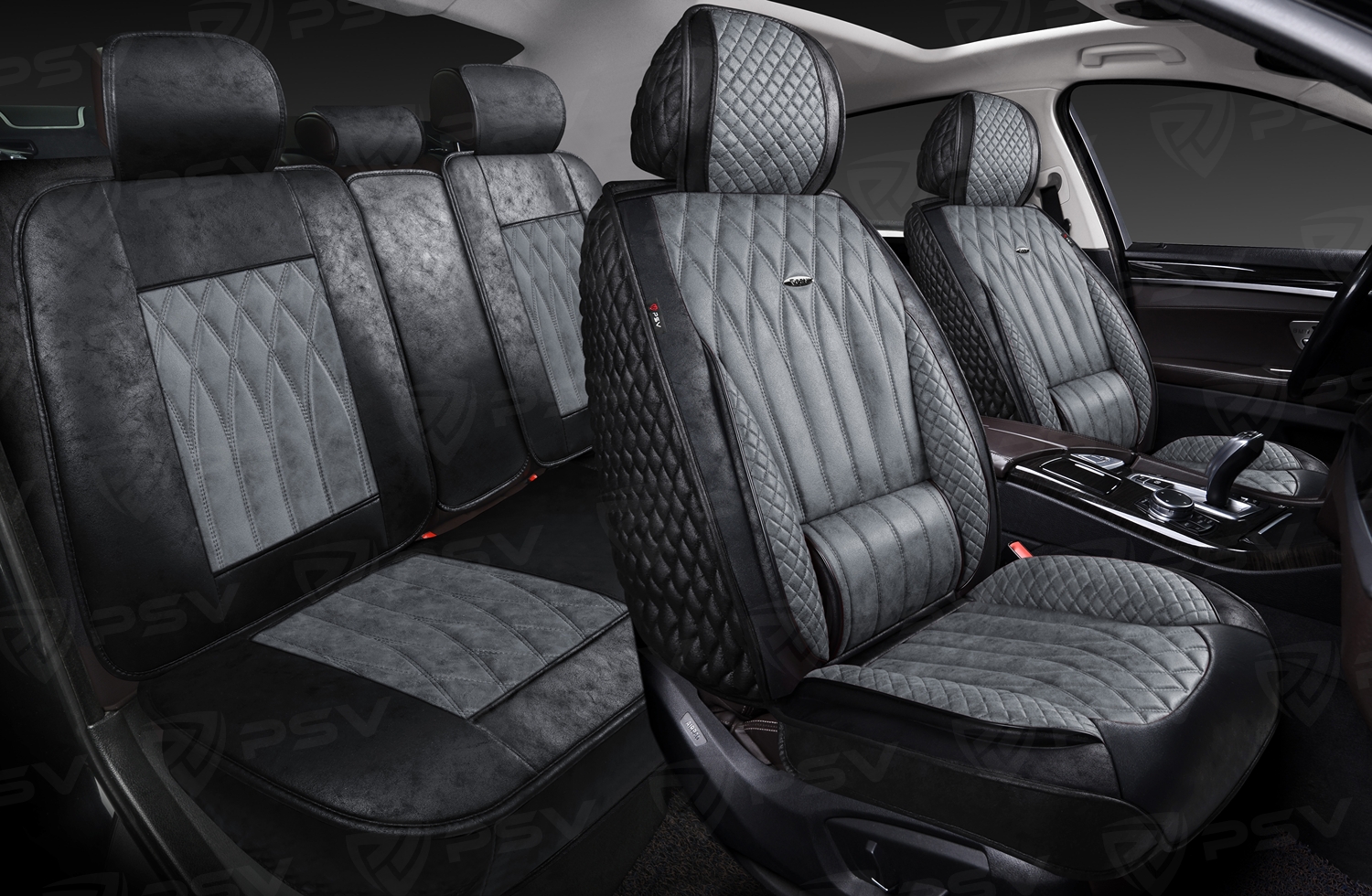 Накидки 5D PSV Titan Skin (Черно-Серый/Отстрочка Серая), комплект на весь салон, мокрая кожа