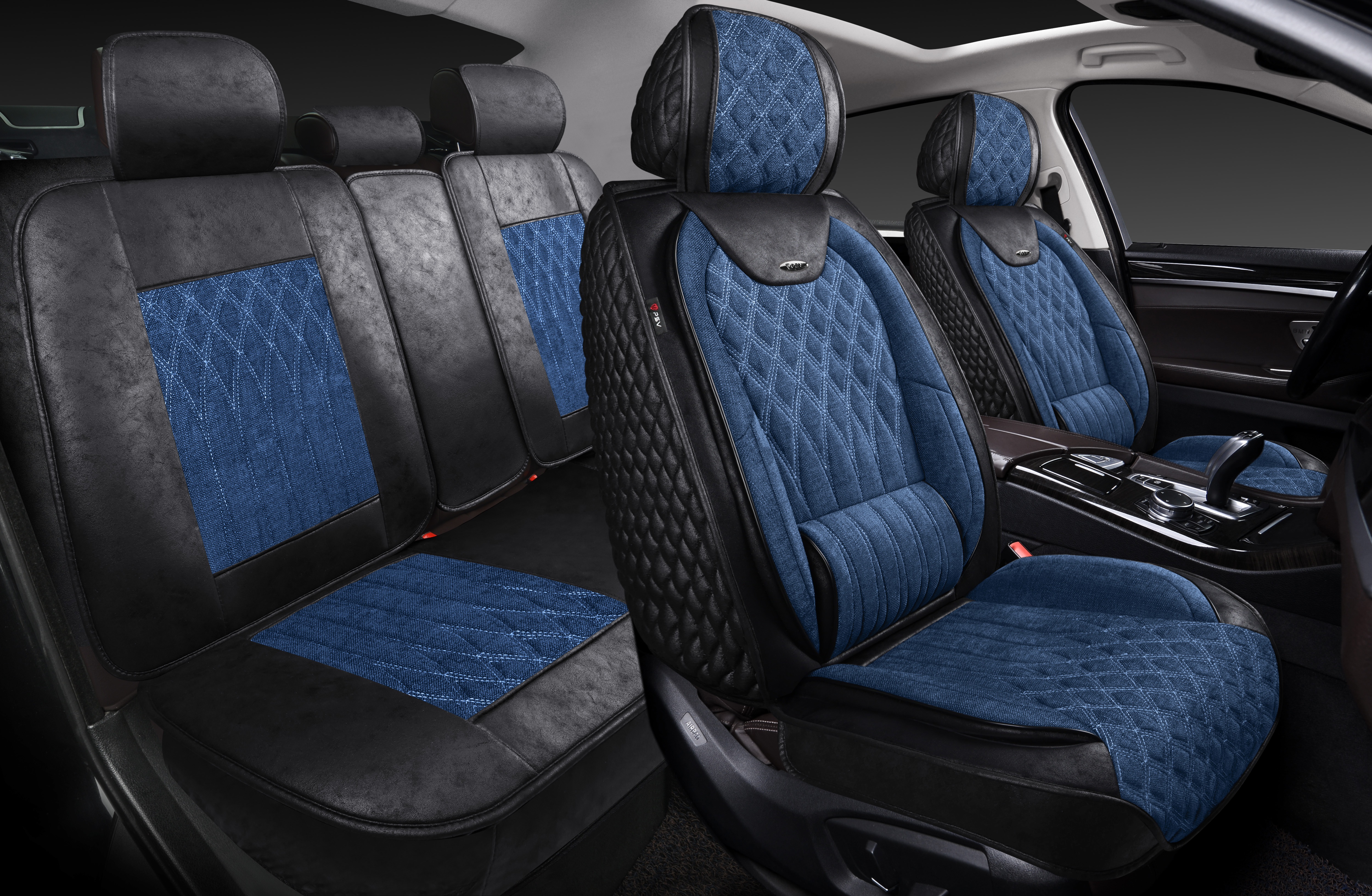 Накидки 5D PSV Galant Velvet Skin (Черно-Синий/Отстрочка Белая), комплект на весь салон, вельвет + мокрая кожа