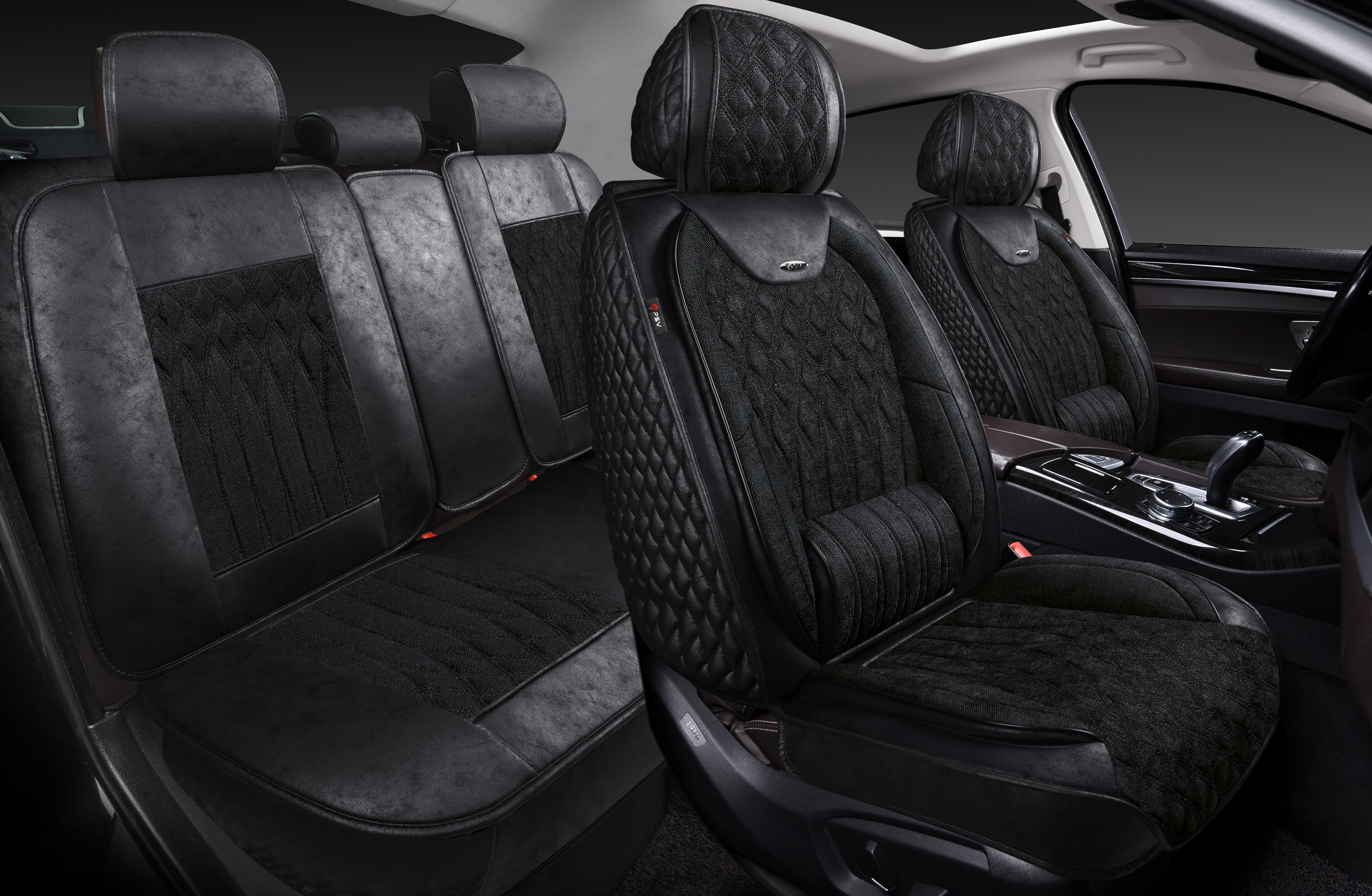 Накидки 5D PSV Galant Velvet Skin (Черный/Отстрочка Черная), комплект на весь салон, вельвет + мокрая кожа