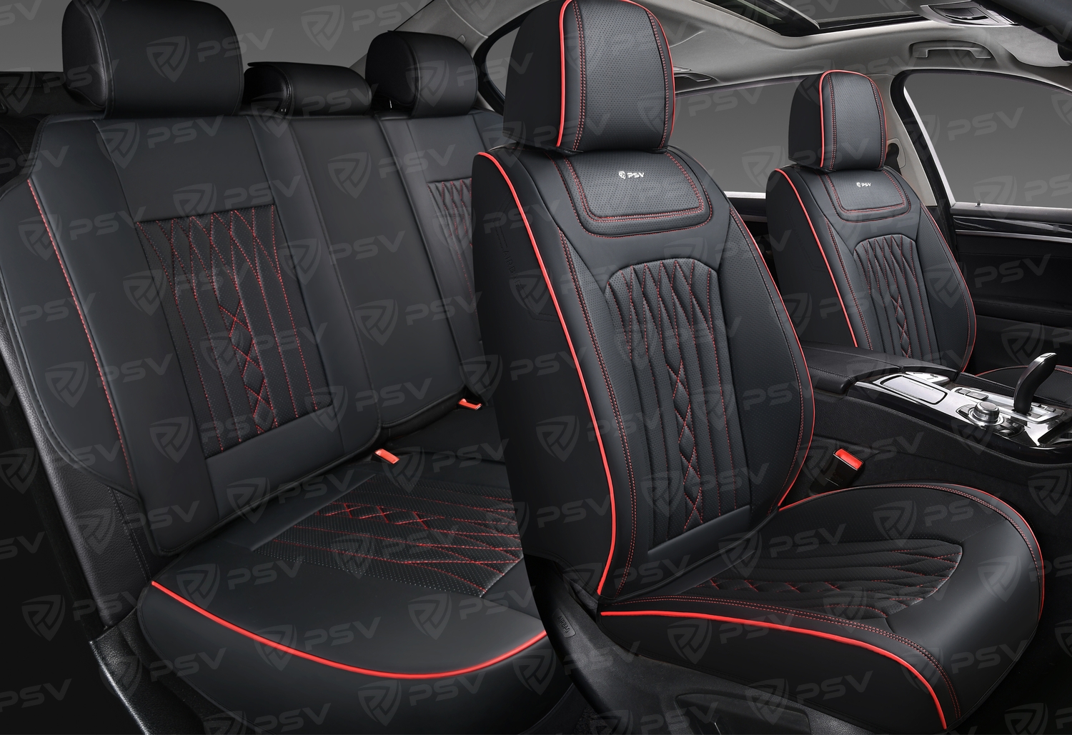 Накидки 5D PSV Exclusive (Черный/Отстрочка красная), комплект на весь салон