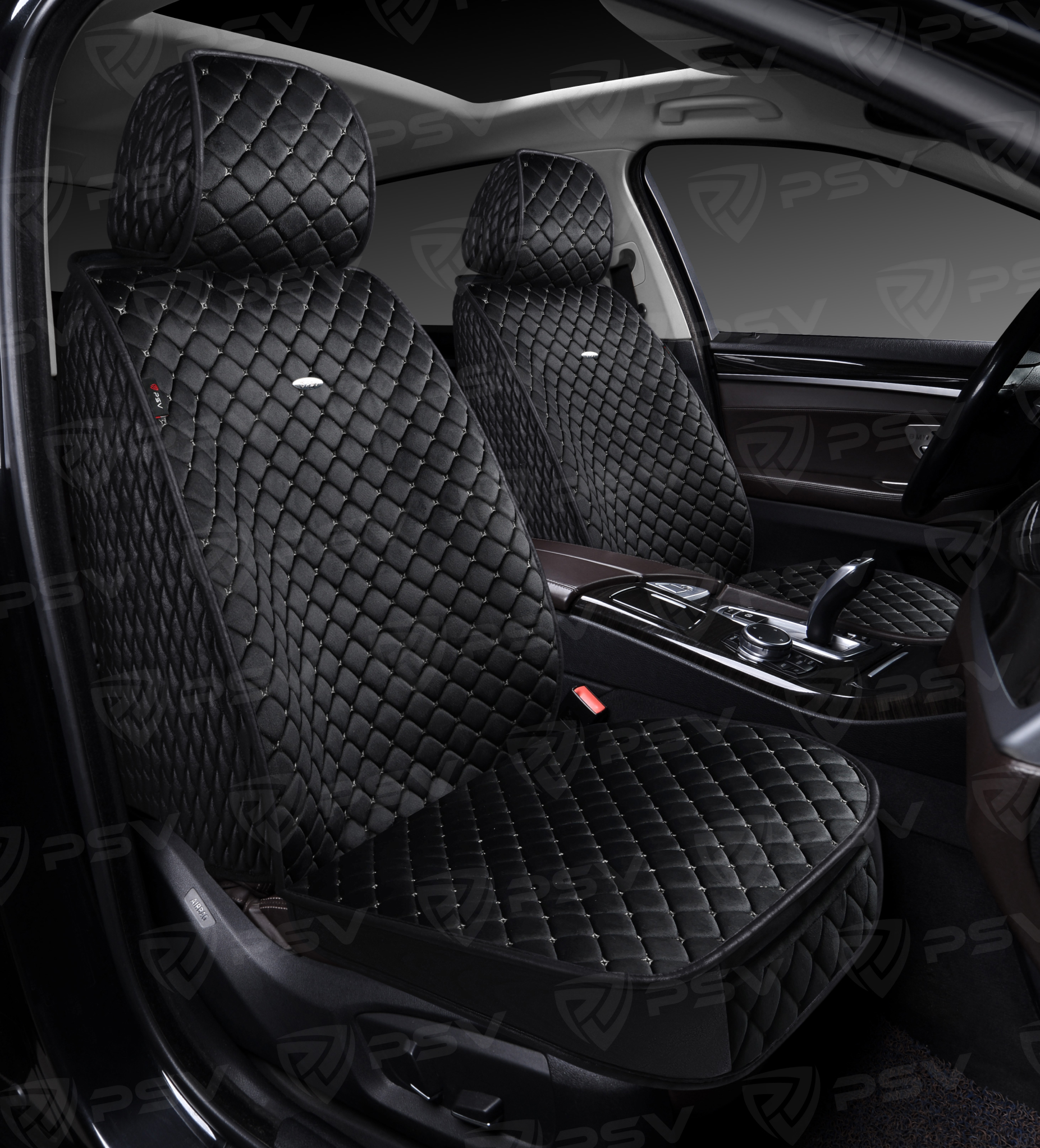 Накидки 5D PSV Velur 2 FRONT (Черный/Отстрочка Белая), на передние сиденья, велюр