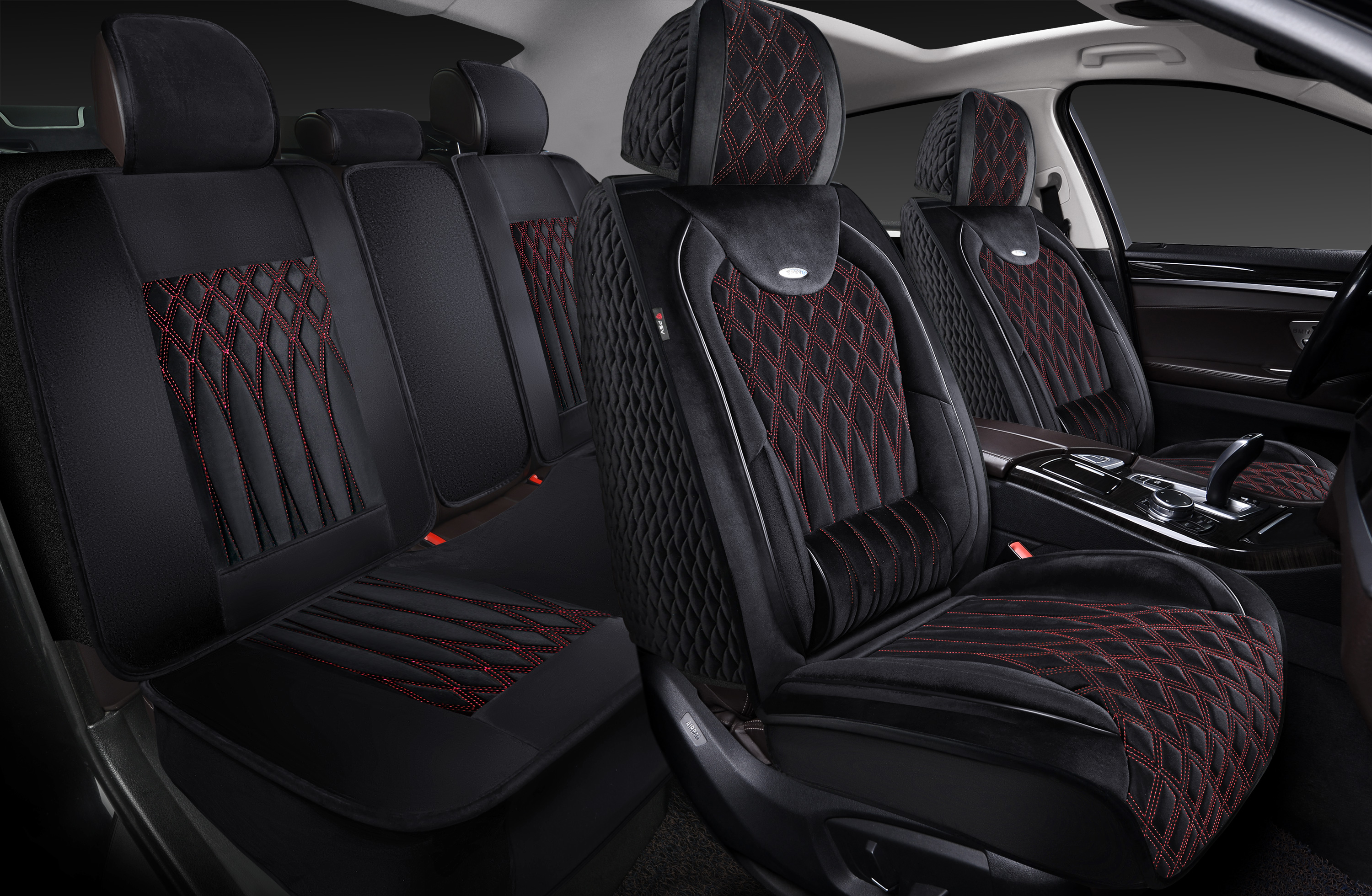 Накидки 5D PSV Galant Velur (Черный/Отстрочка Красная), комплект на весь салон, велюр