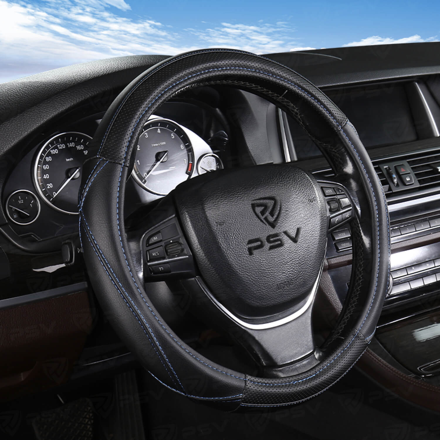 Оплетка на руль PSV FELLER (Черный/Отстрочка синяя) M,экокожа