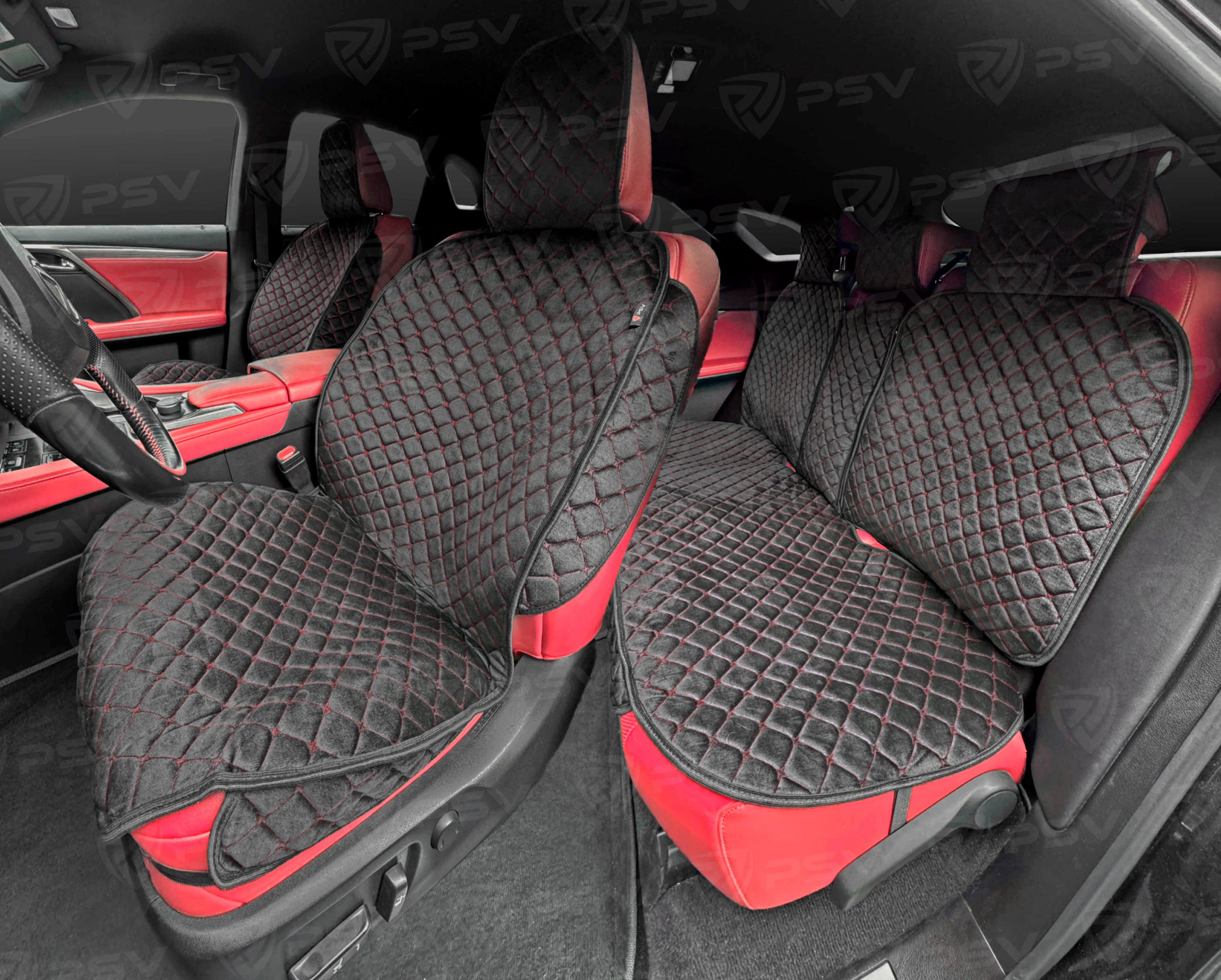 Накидки 2D PSV Zvezda Next (Черный/Отстрочка красная), комплект на весь салон, велюр