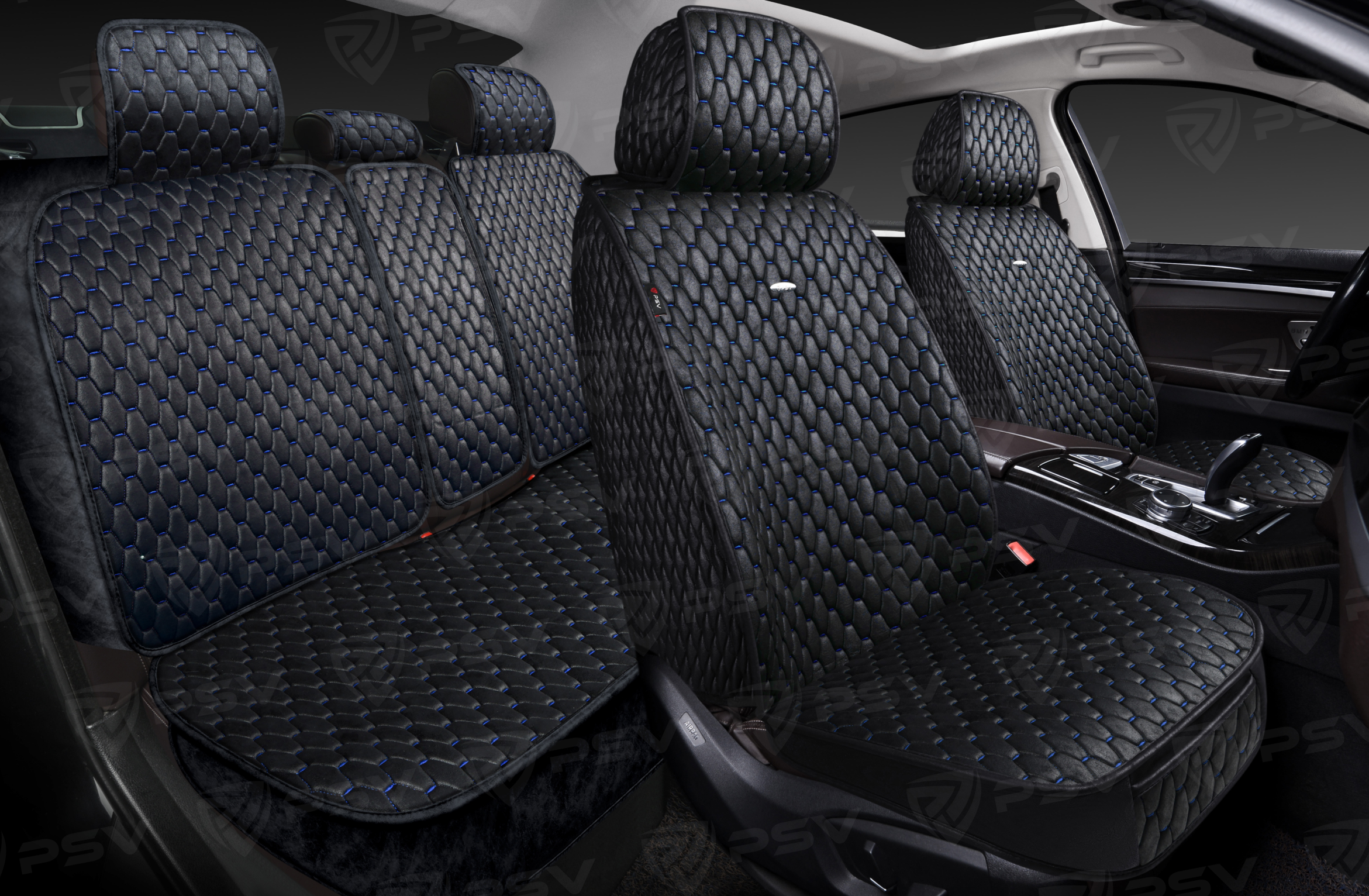 Накидки 5D PSV Skin (Черный/Отстрочка Синяя), комплект на весь салон, мокрая кожа